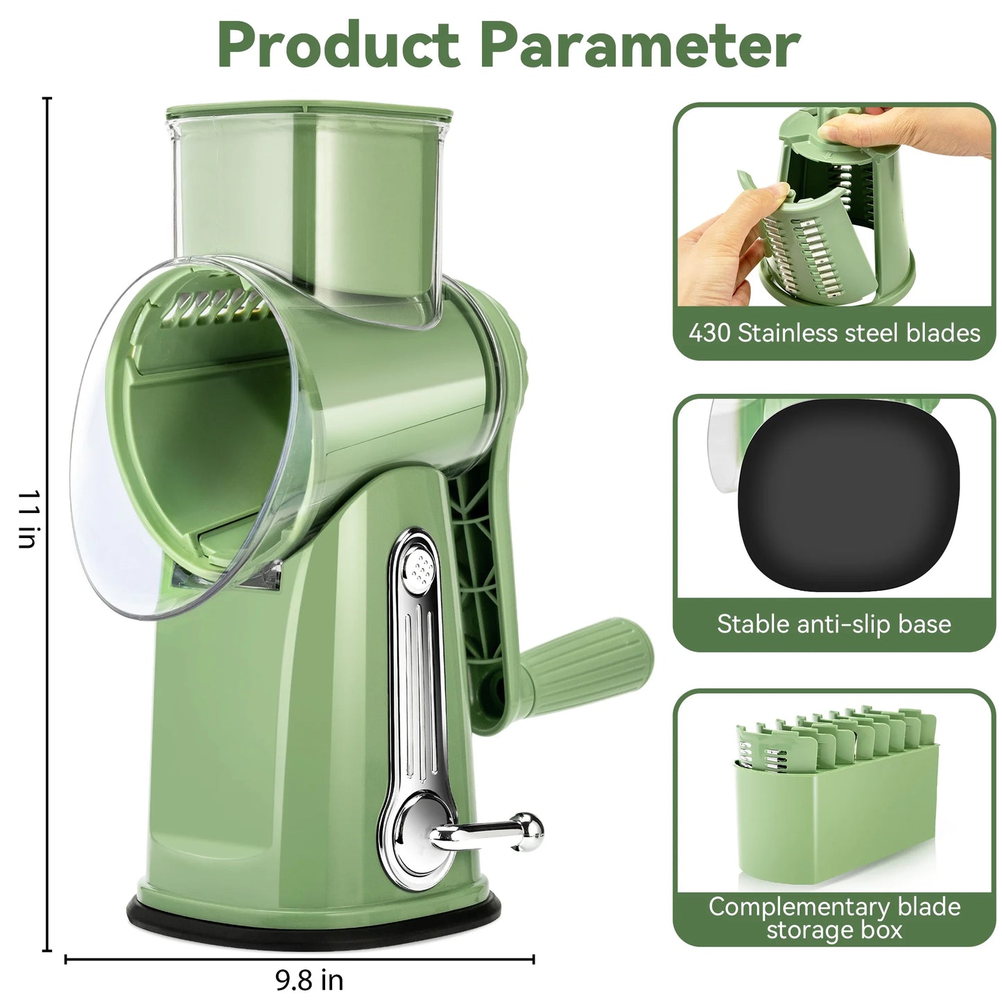 Professional Rotary Cheese Grater with Handle - 5 Interchangeable Blades, Suction Base, Mandoline Slicer & Vegetable Shredder with Blade Storage Box (Green)