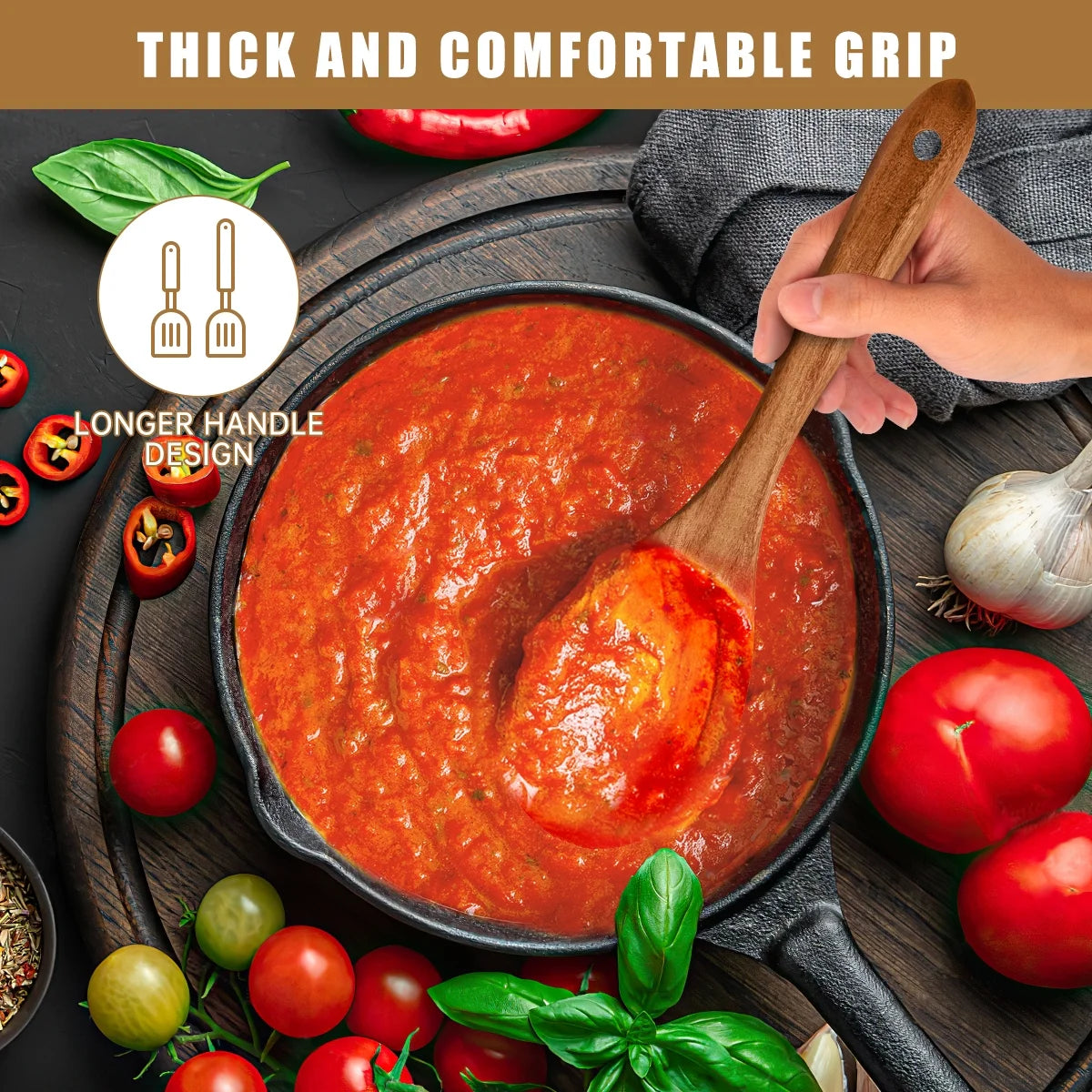 Teak Wood Cooking Utensil Set - 6 Piece Lightweight, Sturdy, and Heat Resistant Wooden Spoons and Spatula for Nonstick Pans and Cookware