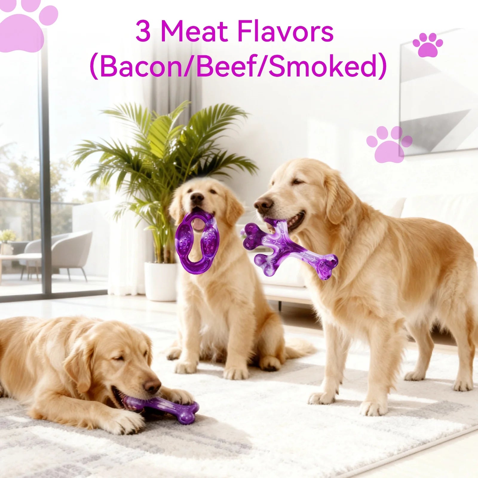 Durable Rubber Dog Chew Toys for Aggressive Chewers, 3-Pack with Meat Flavors (Bacon, Beef, Smoked) to Keep Dogs Engaged