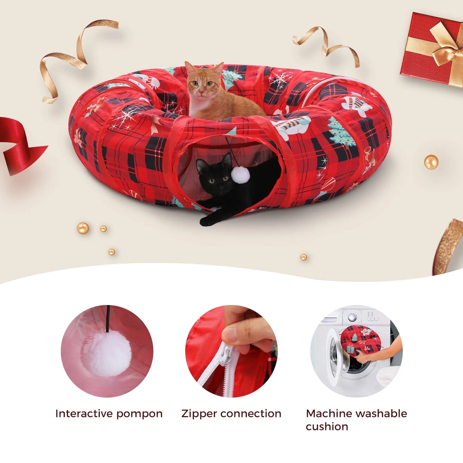 38-Inch Cat Tunnel Bed with Soft Mat - Festive Red Christmas Cat Toy for Indoor Cats