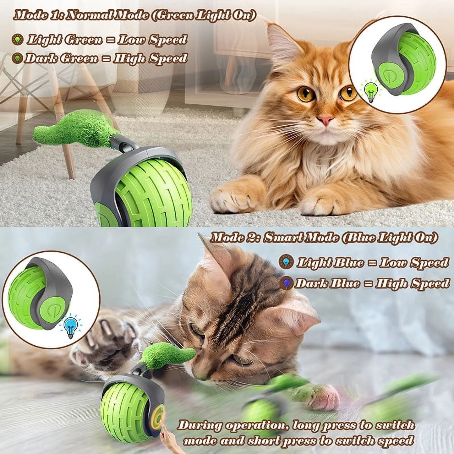 Cat Interactive Ball Toys Rolling Ball Faux Tail Rechargeable Smart Pet Toys Interactive Toys for Indoor Cats（2Pcs)）