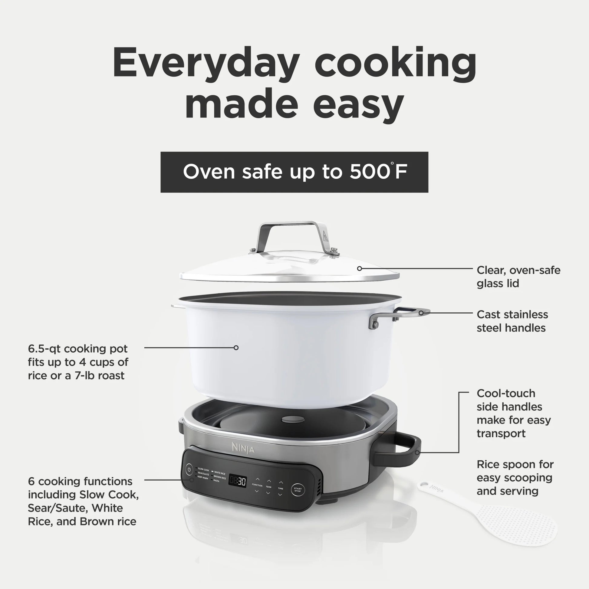Foodi 6.5 Qt Everyday Possiblecooker, Stainless Steel/White, Multi Cooker, Slow Cooker, MC1100