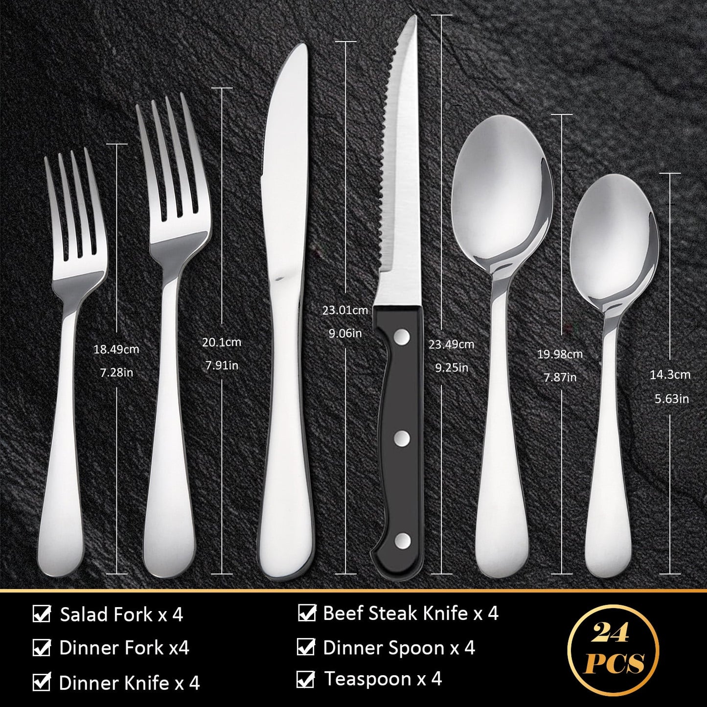 24 Piece Stainless Steel Flatware Set for 4, with Steak Knives, Mirror Polished Cutlery Utensil Set,Dishwasher Safe, Silver