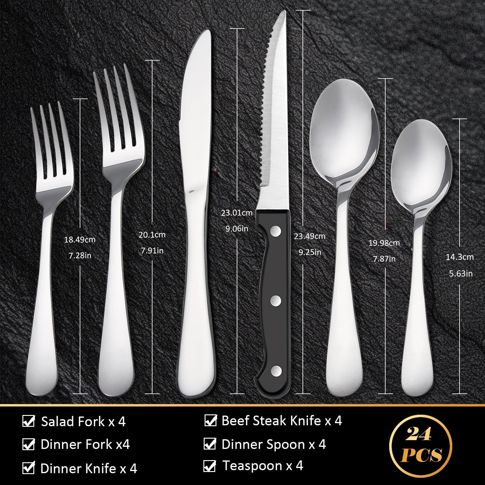 24 Piece Stainless Steel Flatware Set for 4, with Steak Knives, Mirror Polished Cutlery Utensil Set,Dishwasher Safe, Silver