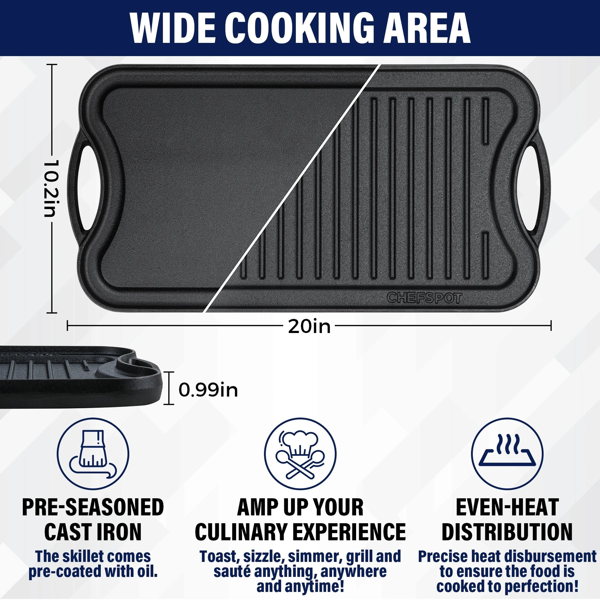 Preseasoned Cast Iron Reversible Grill Griddle Plate Pan - 20", Black, Hand Wash