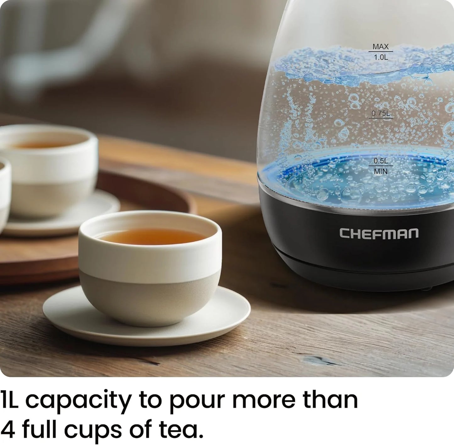 1L Electric Glass Kettle W/ LED Indicator Light, Automatic Shutoff - Black