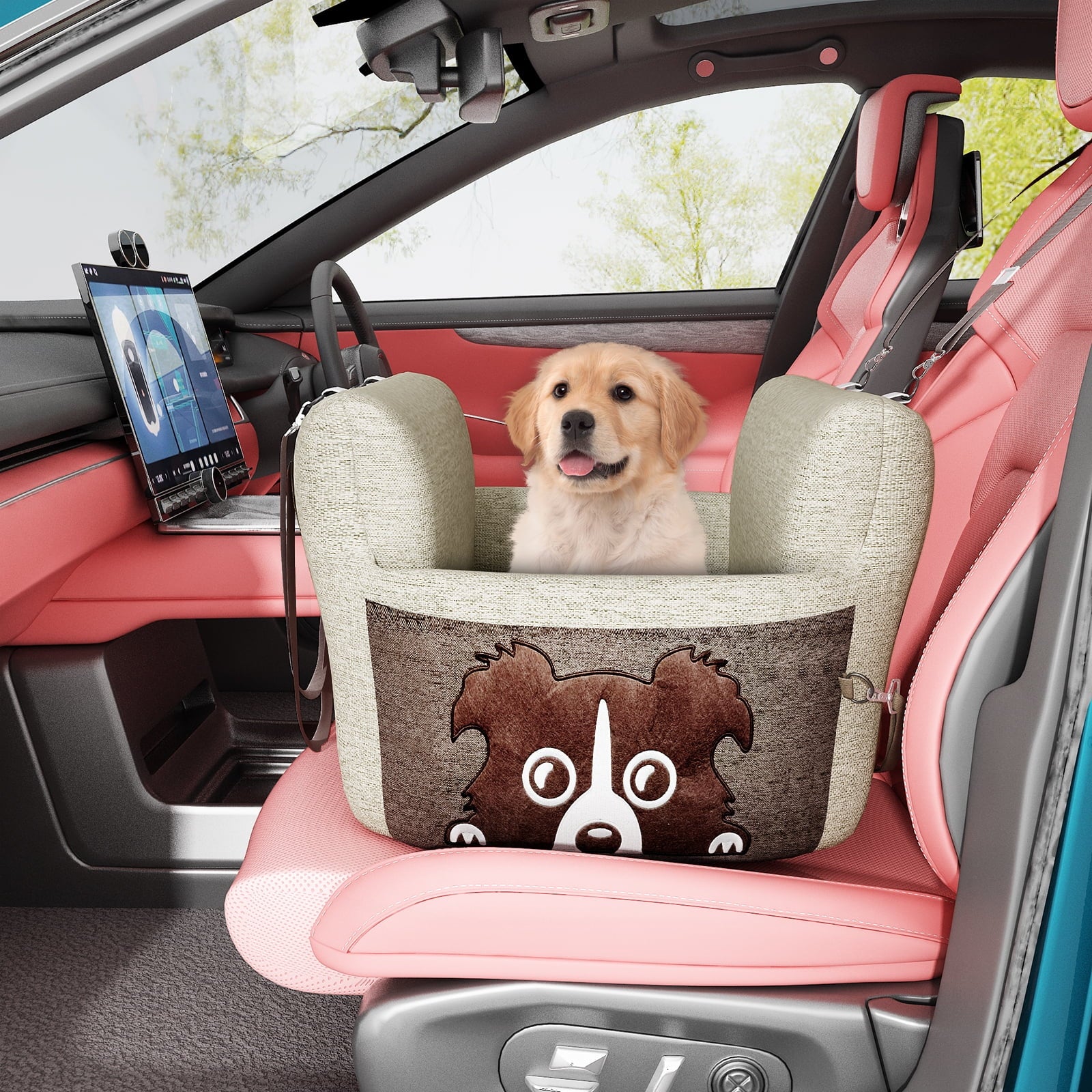 Premium Pet Booster Seat for Car - Safe and Secure Travel Carrier for Dogs, Portable Foam-Filled Bed, Thickened Design for Puppies, 21"L x 21"W x 17"H, Beige