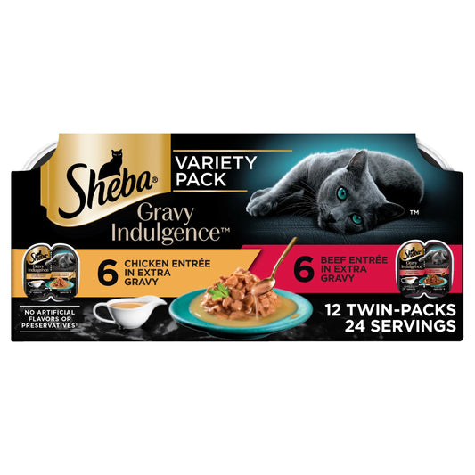 Gravy Indulgence Variety Pack Cat Food Entrées in Extra Gravy, 2.6 oz Twin-Pack Trays, 24 Count