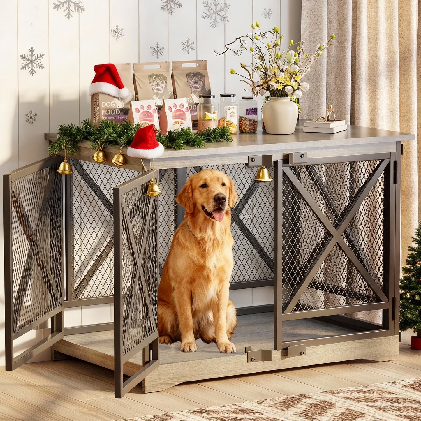 48-Inch Extra-Large Wooden Dog Crate with Double Doors, Indoor Kennel and End Table, Anti-Chew and Anti-Escape Design, Gray