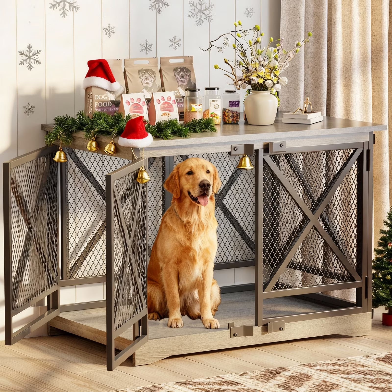 48-Inch Extra-Large Wooden Dog Crate with Double Doors, Indoor Kennel and End Table, Anti-Chew and Anti-Escape Design, Gray