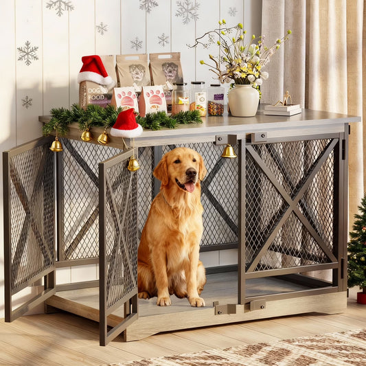 48-Inch Extra-Large Wooden Dog Crate with Double Doors, Indoor Kennel and End Table, Anti-Chew and Anti-Escape Design, Gray