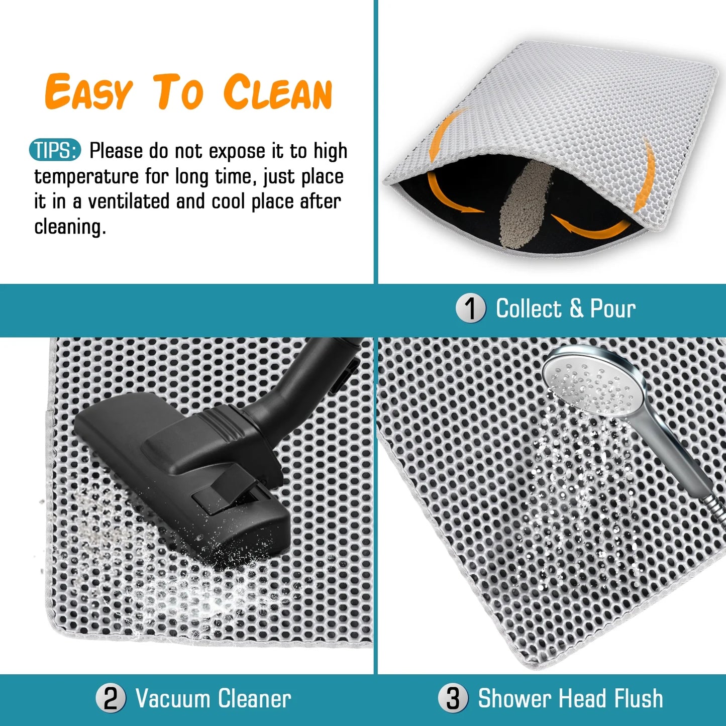 Cat Litter Mat - 24 x 15 Inch Honeycomb Design, Easy to Clean, Soft on Paws, Non-Slip, Waterproof (Gray)