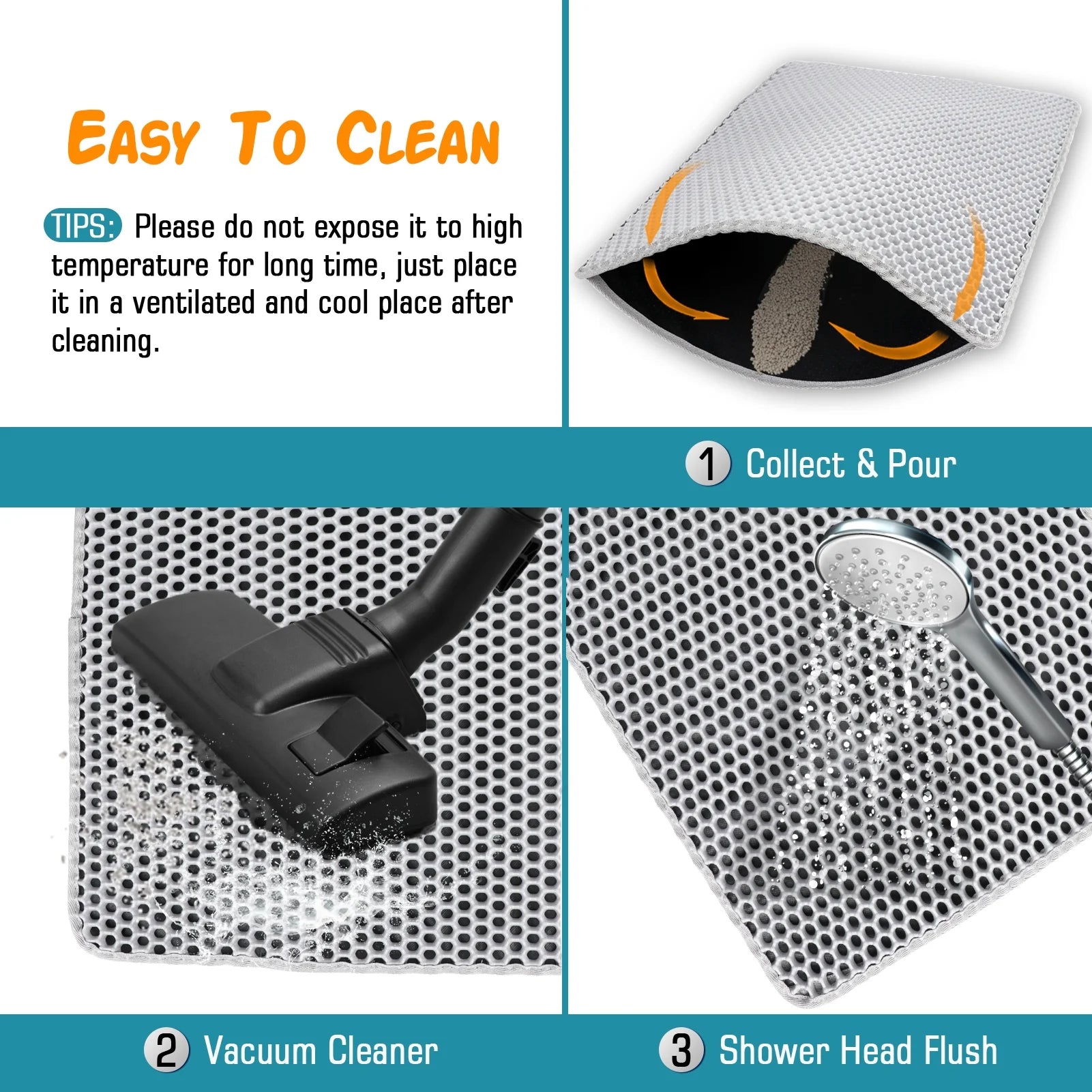 Cat Litter Mat - 24 x 15 Inch Honeycomb Design, Easy to Clean, Soft on Paws, Non-Slip, Waterproof (Gray)
