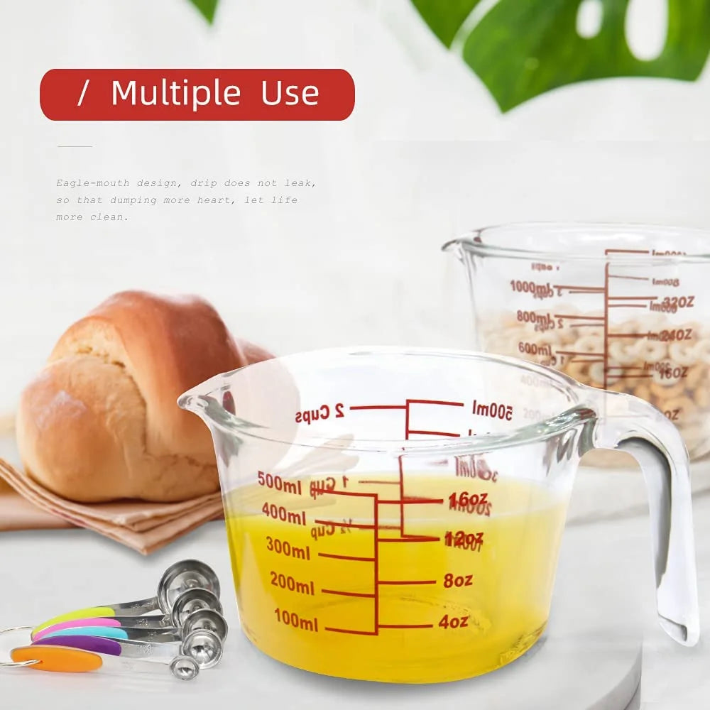 7-Pack Glass Measuring Cup Set 34 and 17 Oz Microwave, Freezer Safe, No BPA + 5 Measuring Spoons