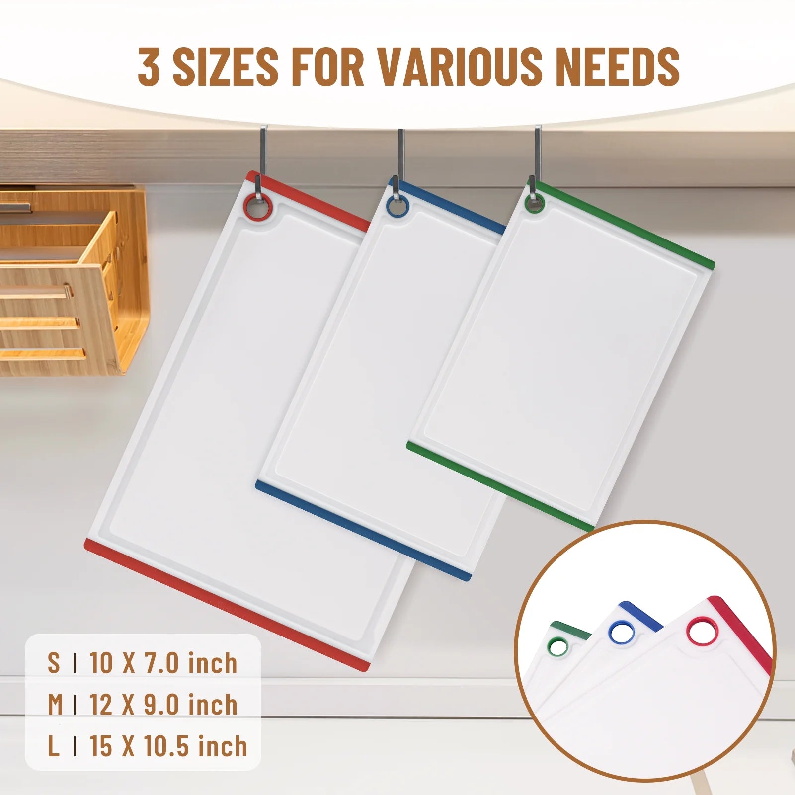 3-Piece Plastic Large Cutting Boards Set for Kitchen, Non-Slip Feet and Juice Grooves, Multicolor