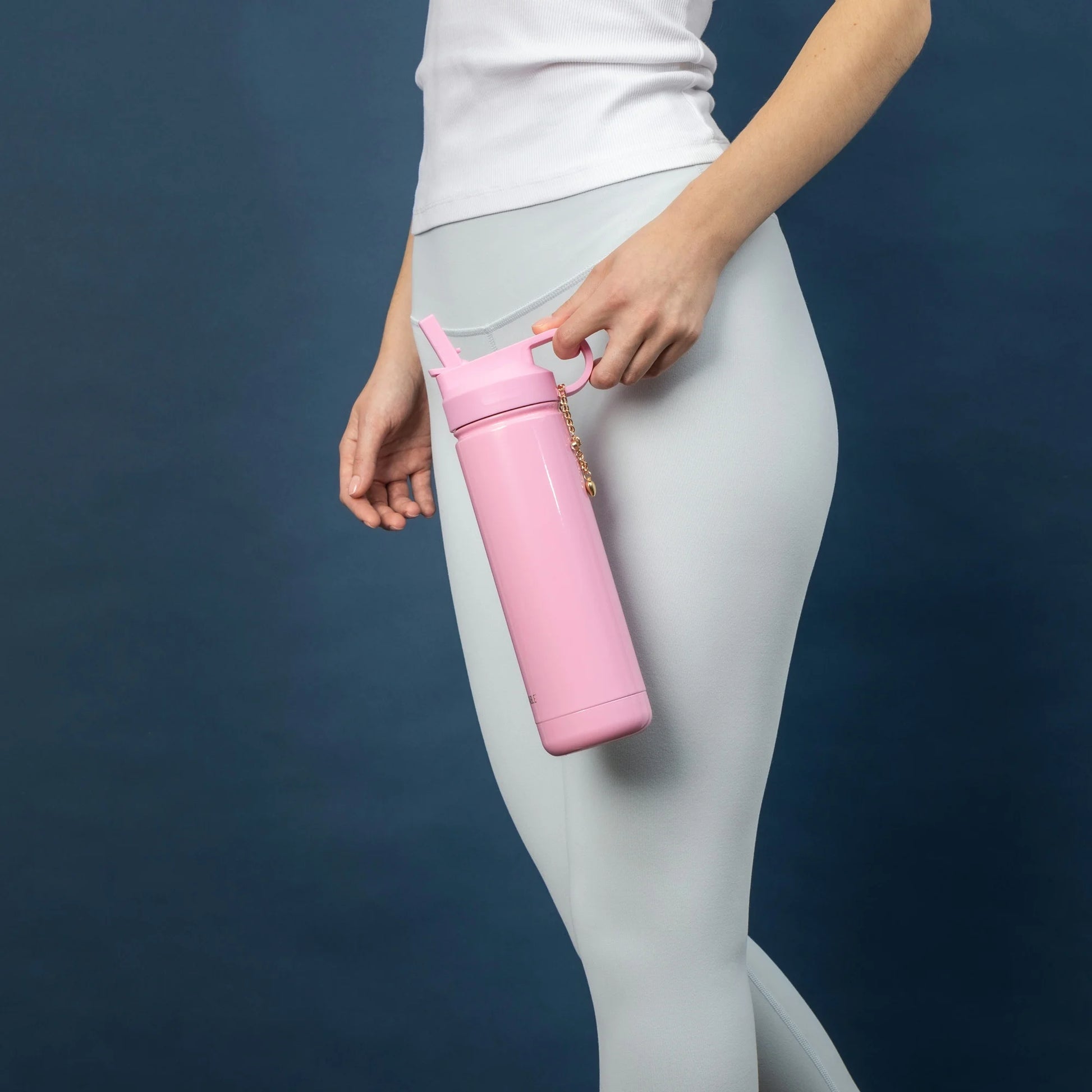 26 oz Water Bottle with Straw Lid, Pink with Gold Heart Charm