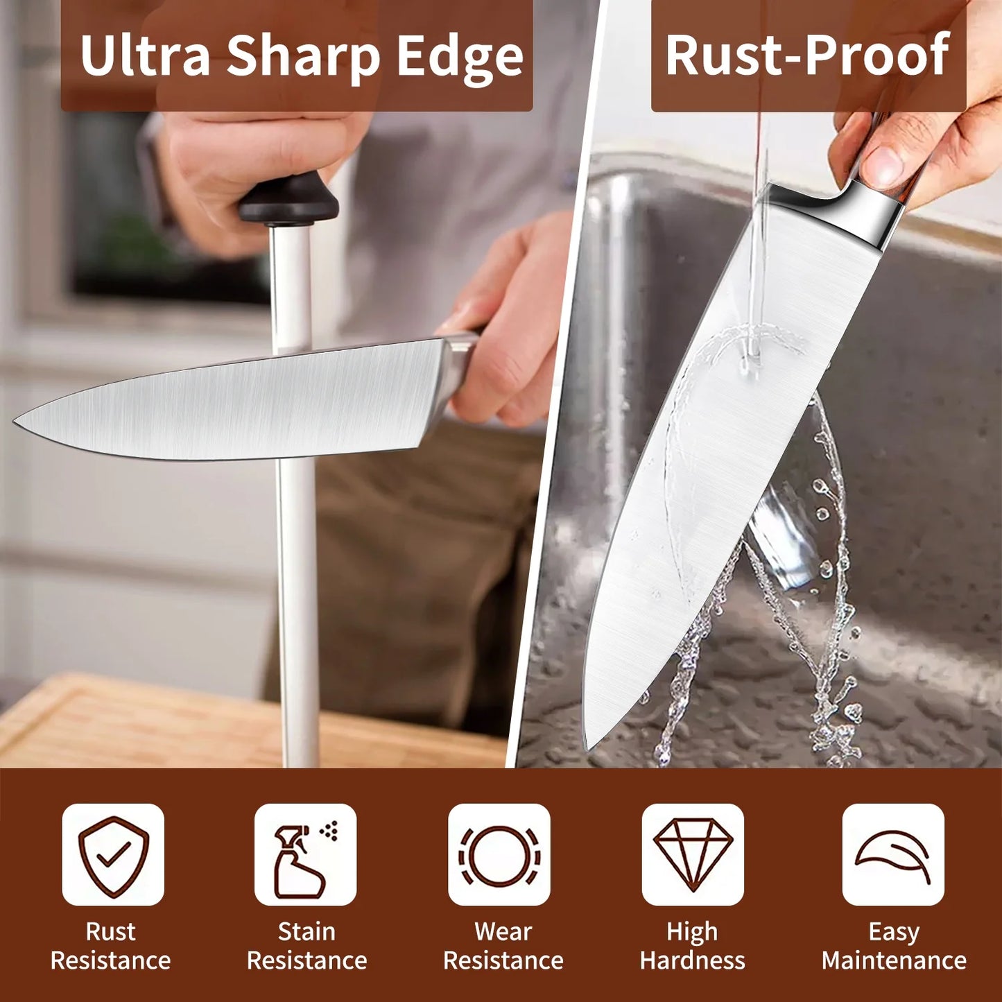 5 PCS Kitchen Knife Set, Ultra-Sharp Stainless Steel Chef Knives with Ergonomic Pakkawood Handles for Cooking and Chopping