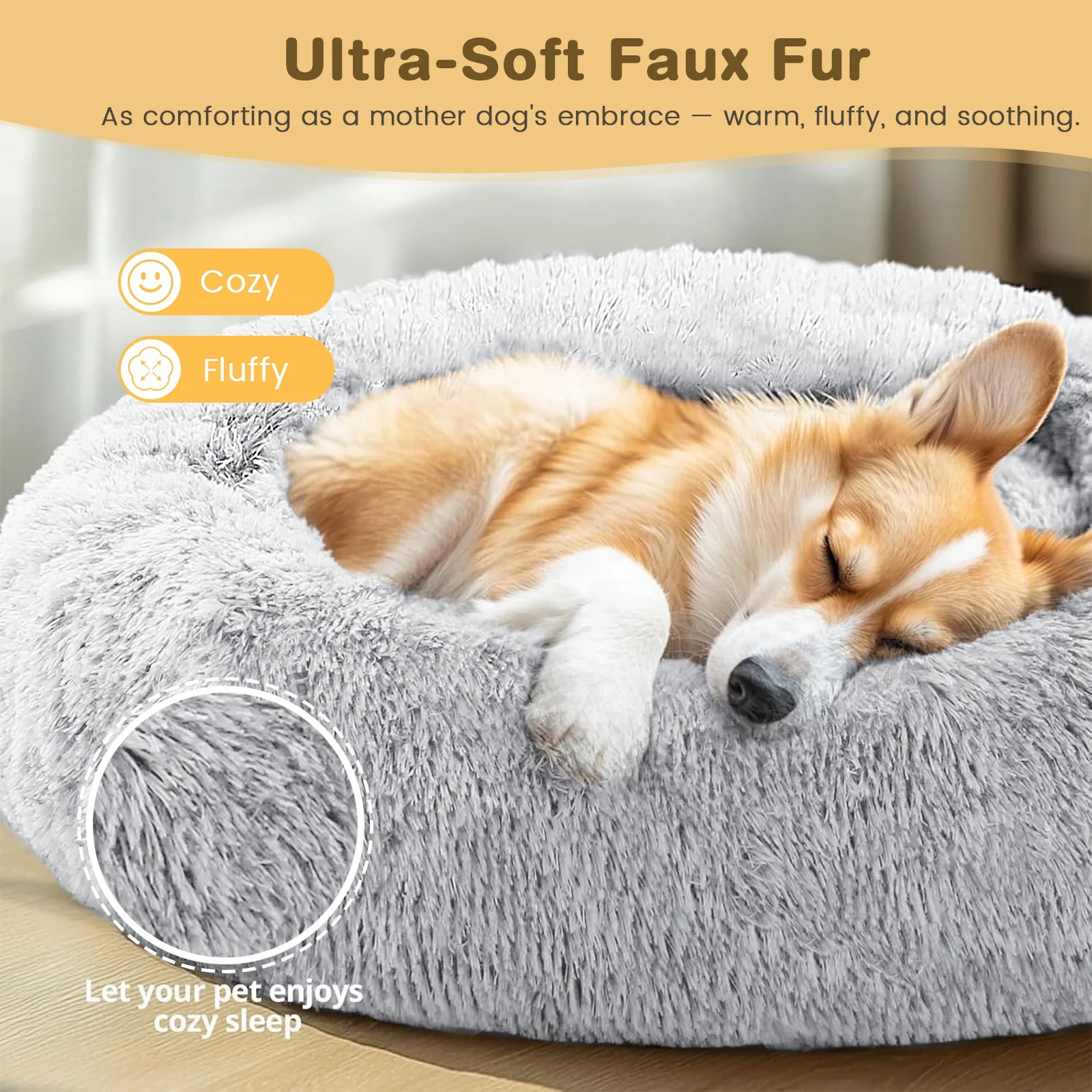 20-Inch Calming Donut Dog Bed for Small Dogs - Anti-Anxiety Cozy Round Pet Bed, Fluffy and Washable for Small to Medium Dogs and Cats