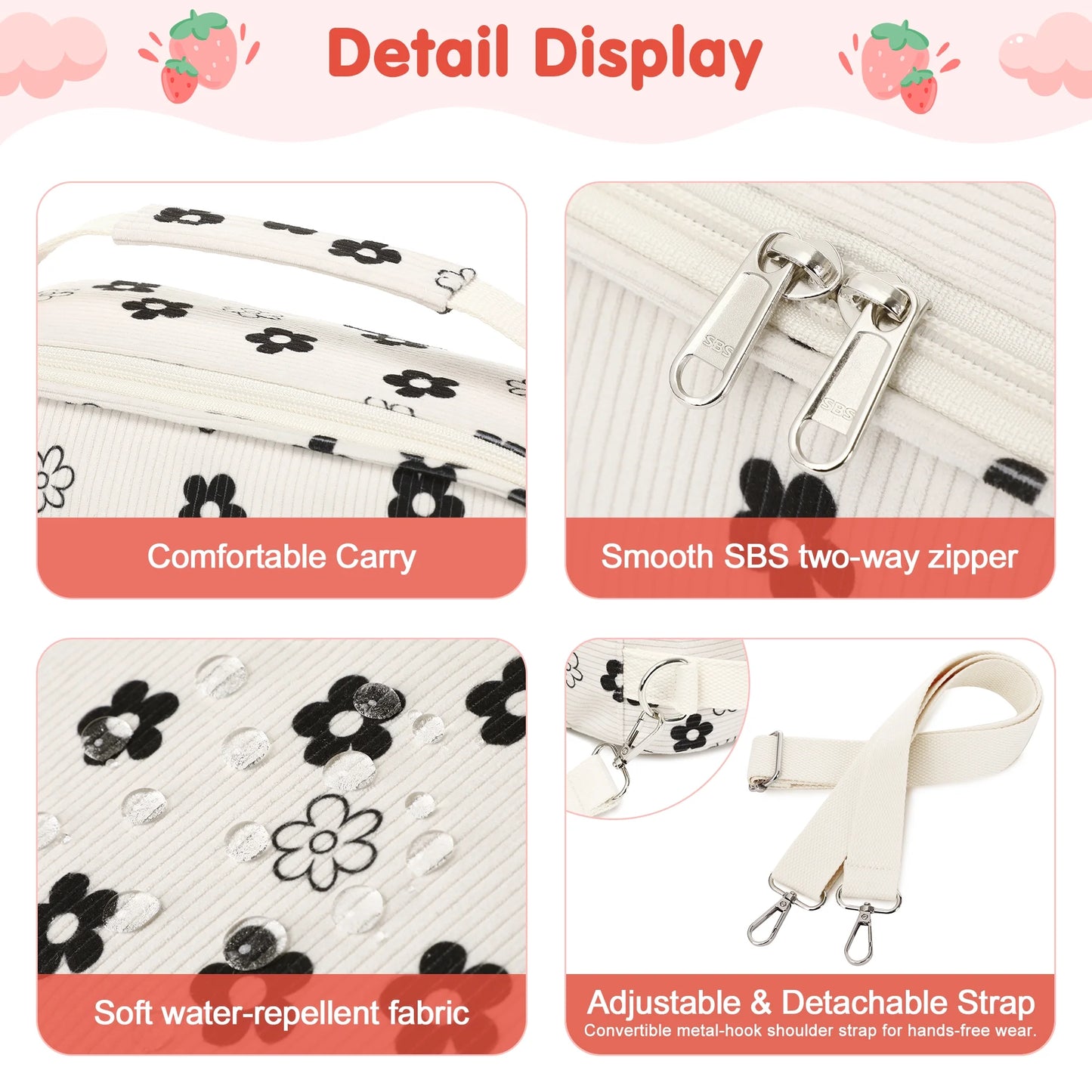 Black & White Floral Corduroy Lunch Bag - Handheld or Shoulder Carry Insulated Lunch Box