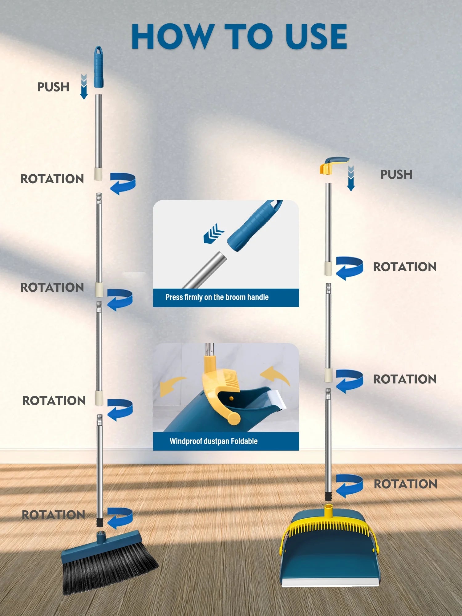 Upgrade Broom and Dustpan Set for Home,Self-Cleaning with Dustpan Teeth,51.2In,Stand Up,Blue