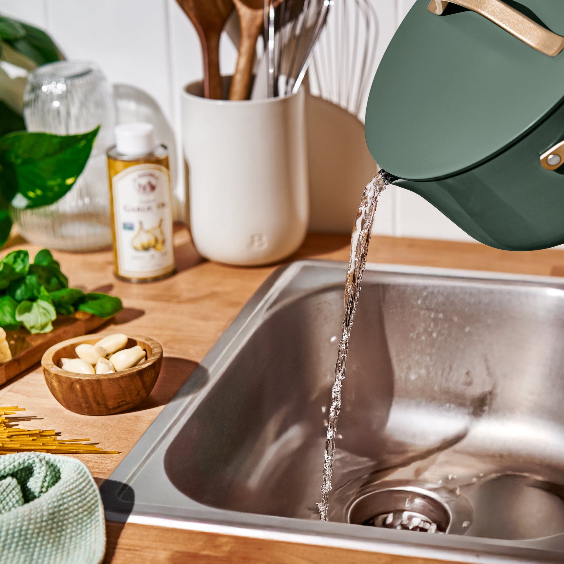 12Pc Ceramic Non-Stick Cookware Set, Pots and Pans with Strainer Lids, Thyme Green by Drew Barrymore