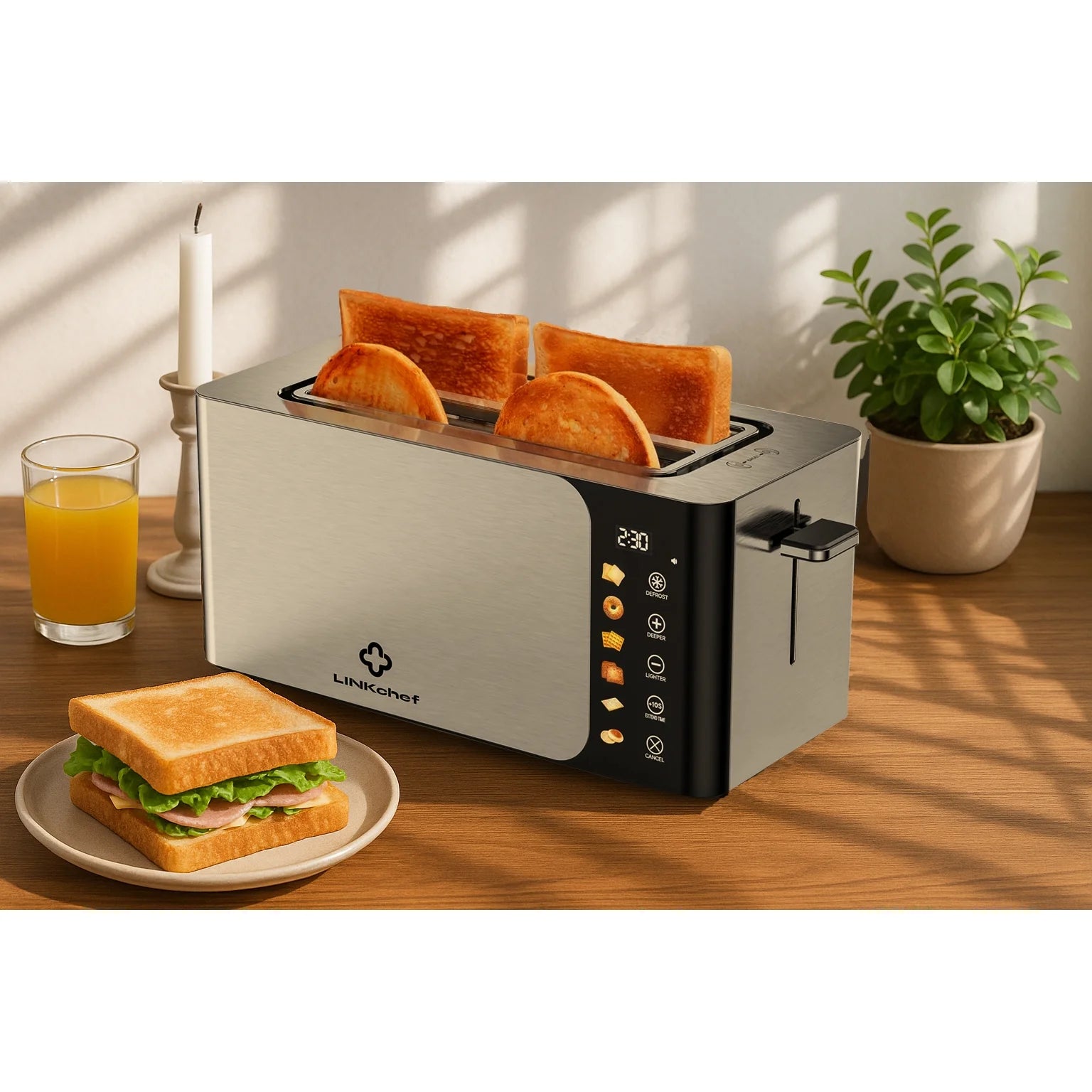 4-Slice Toaster – Touch Screen Control, Extra-Wide 1.5" Slots, Stainless Steel | Smart Toaster with Timer, Defrost & Reheat Functions