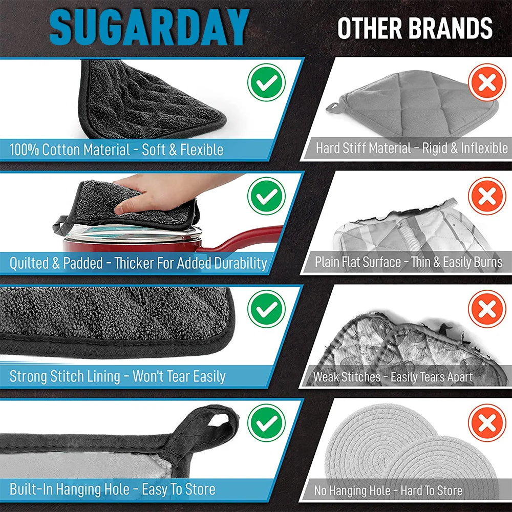 Kitchen Pot Holders Sets Heat Resistant Pot Holder Cotton Oven Hot Pads for Cooking Baking Set of 3 7X7" Black