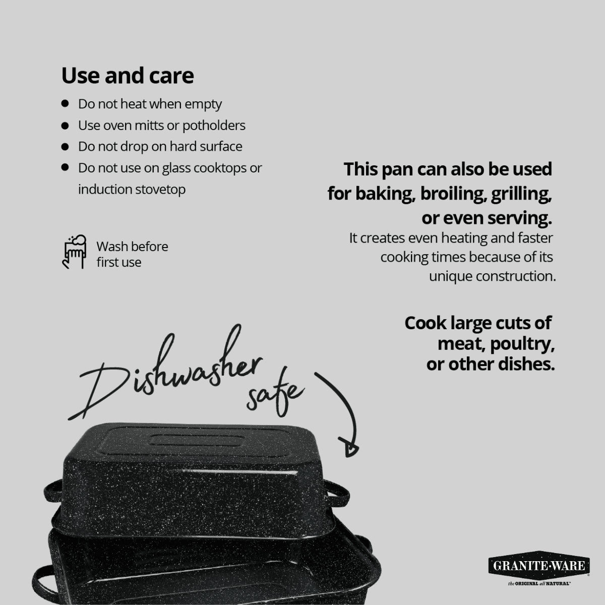 21 in Oven Rectangular Roaster with Lid. (Speckled Black) - Accommodates up to 25 Lb Poultry or Roast.