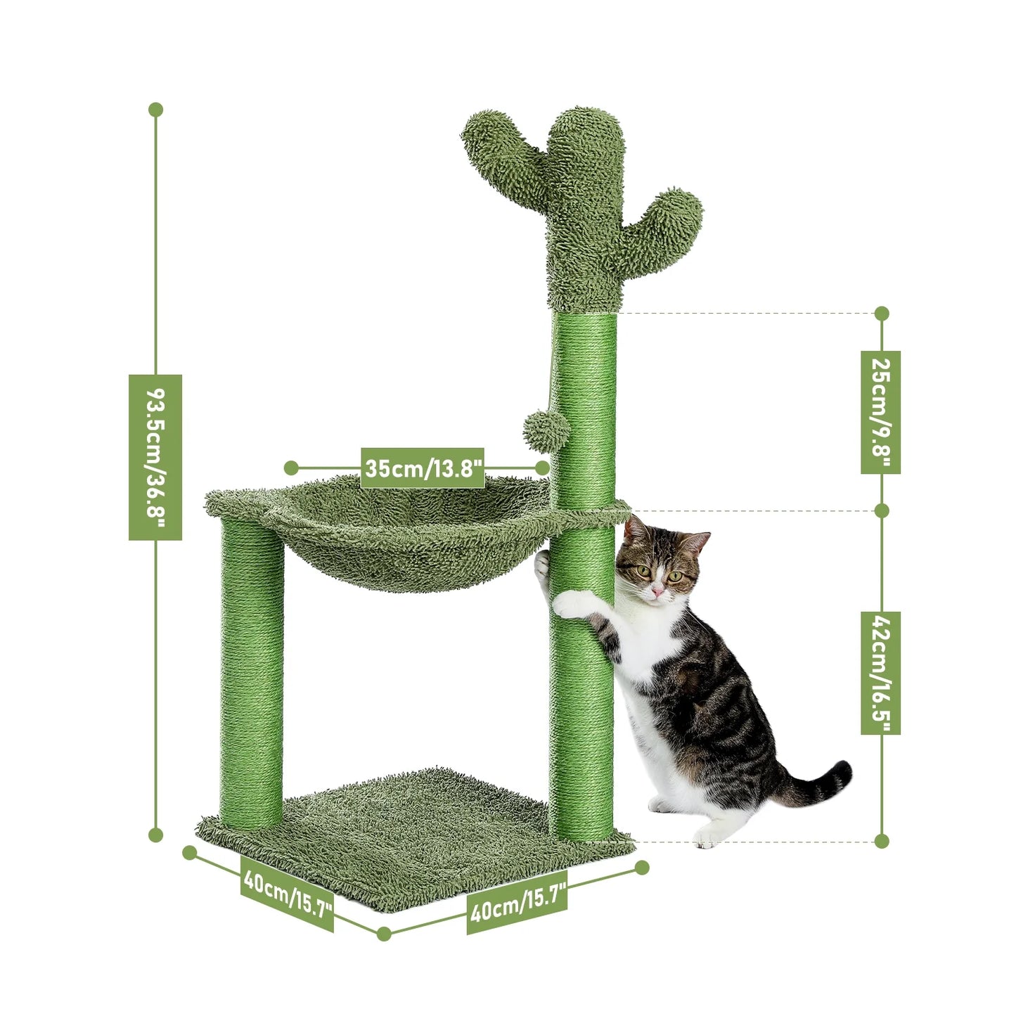 33-Inch Cactus Cat Scratching Post with Spacious Hammock for Indoor Cats - Green