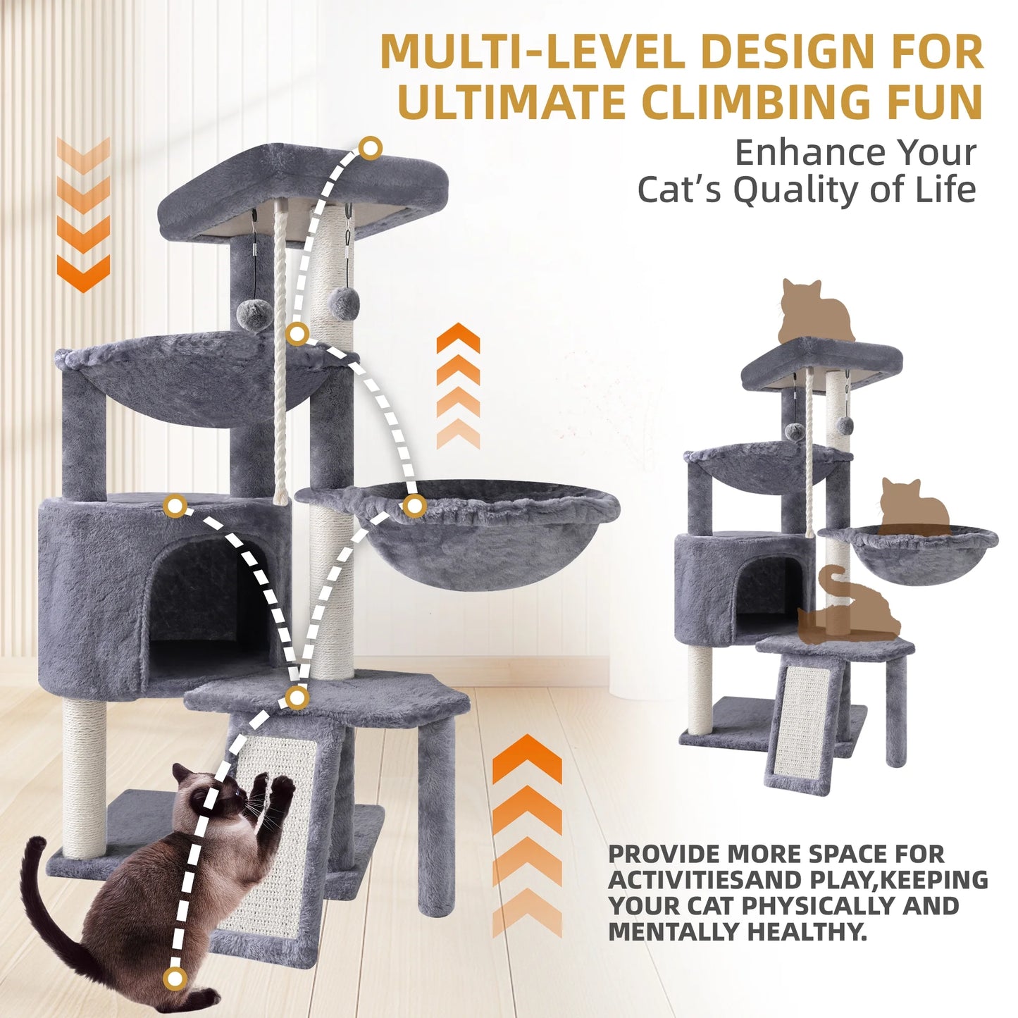37.4-Inch Cat Tree Tower with Scratching Posts, Activity Center, Cat Condo, and Dual Hammocks in Grey