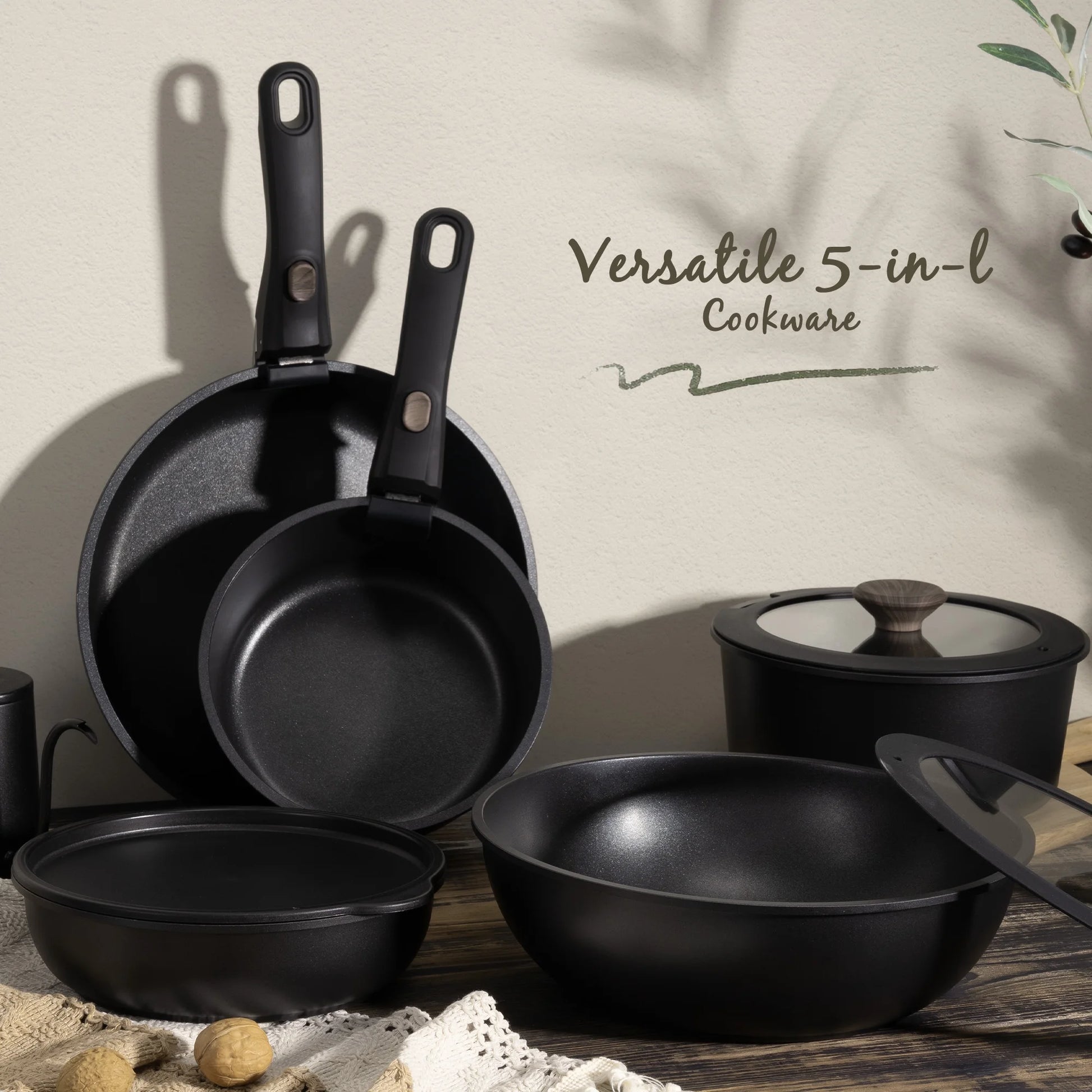 20-Piece Nonstick Cookware Set with Detachable Handles, Oven and Dishwasher Safe, Induction Compatible, Stackable Design for RV Kitchens, Black