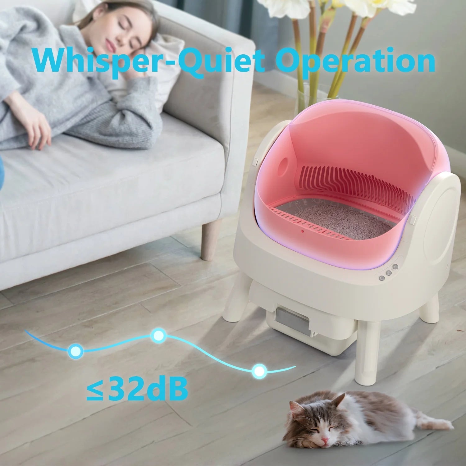 Automatic Self-Cleaning Cat Litter Box with Safety Features, Mat, and Trash Bags Included - Pink