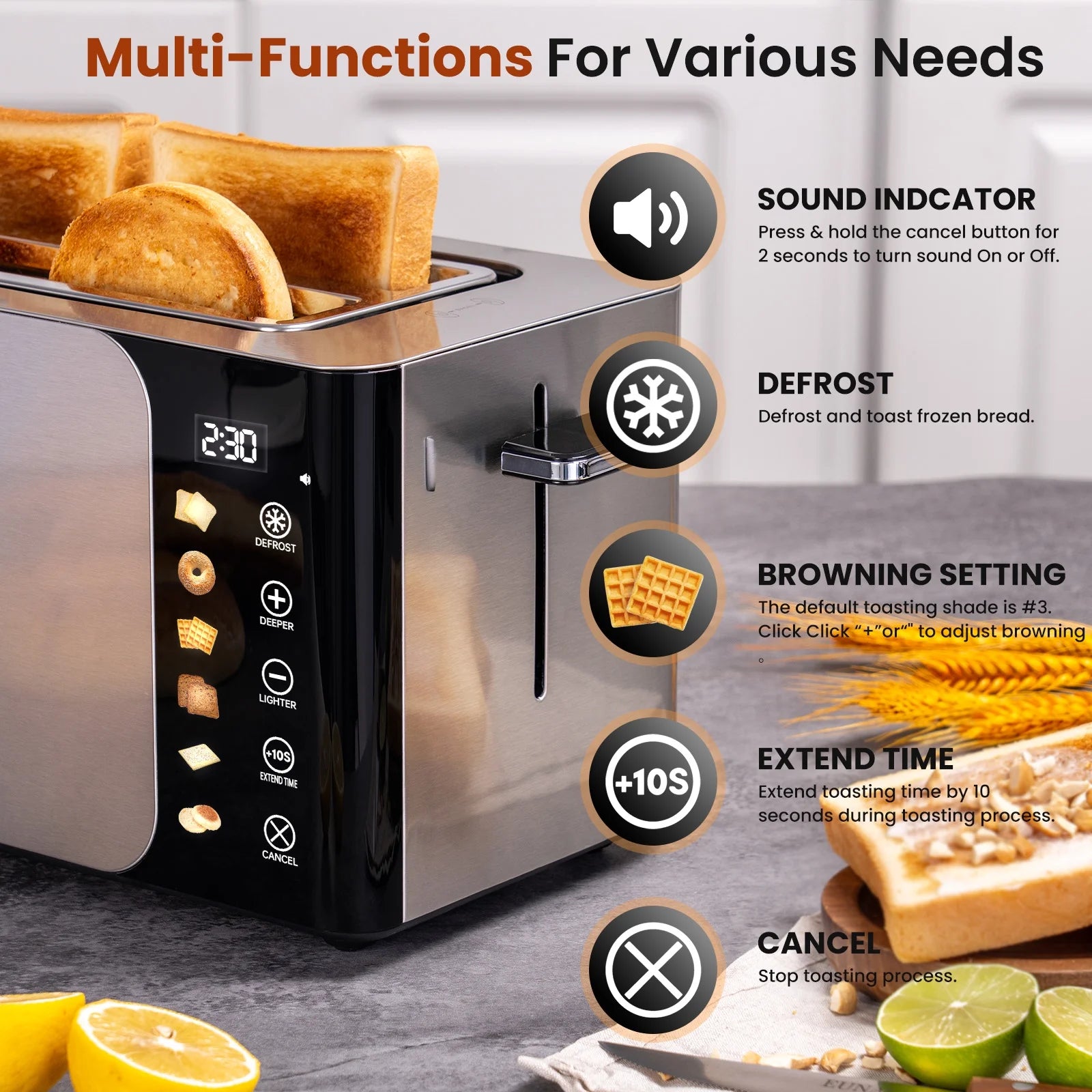 4-Slice Toaster – Touch Screen Control, Extra-Wide 1.5" Slots, Stainless Steel | Smart Toaster with Timer, Defrost & Reheat Functions