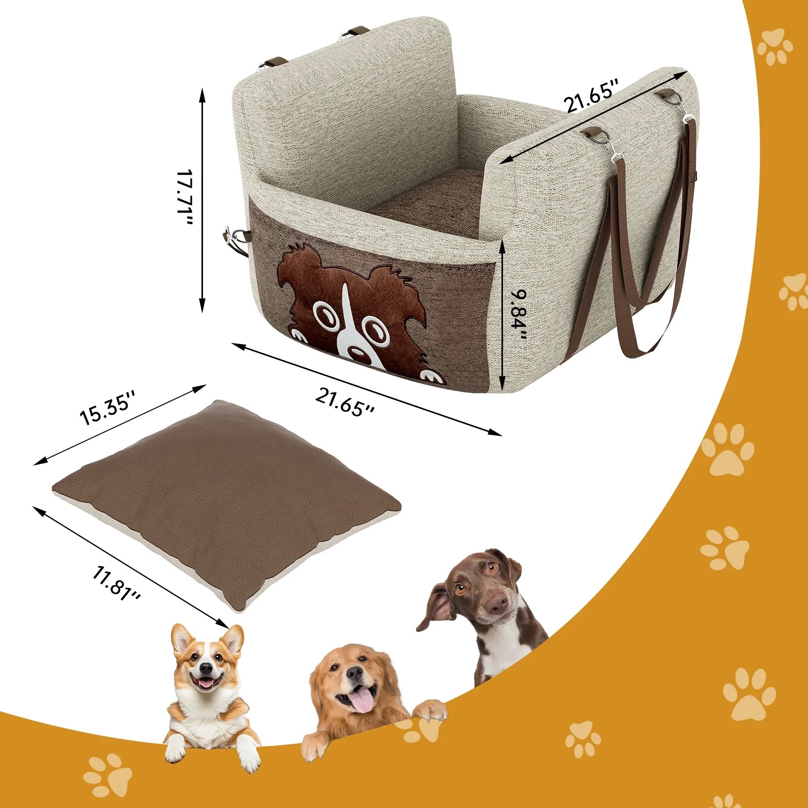 Premium Pet Booster Seat for Car - Safe and Secure Travel Carrier for Dogs, Portable Foam-Filled Bed, Thickened Design for Puppies, 21"L x 21"W x 17"H, Beige