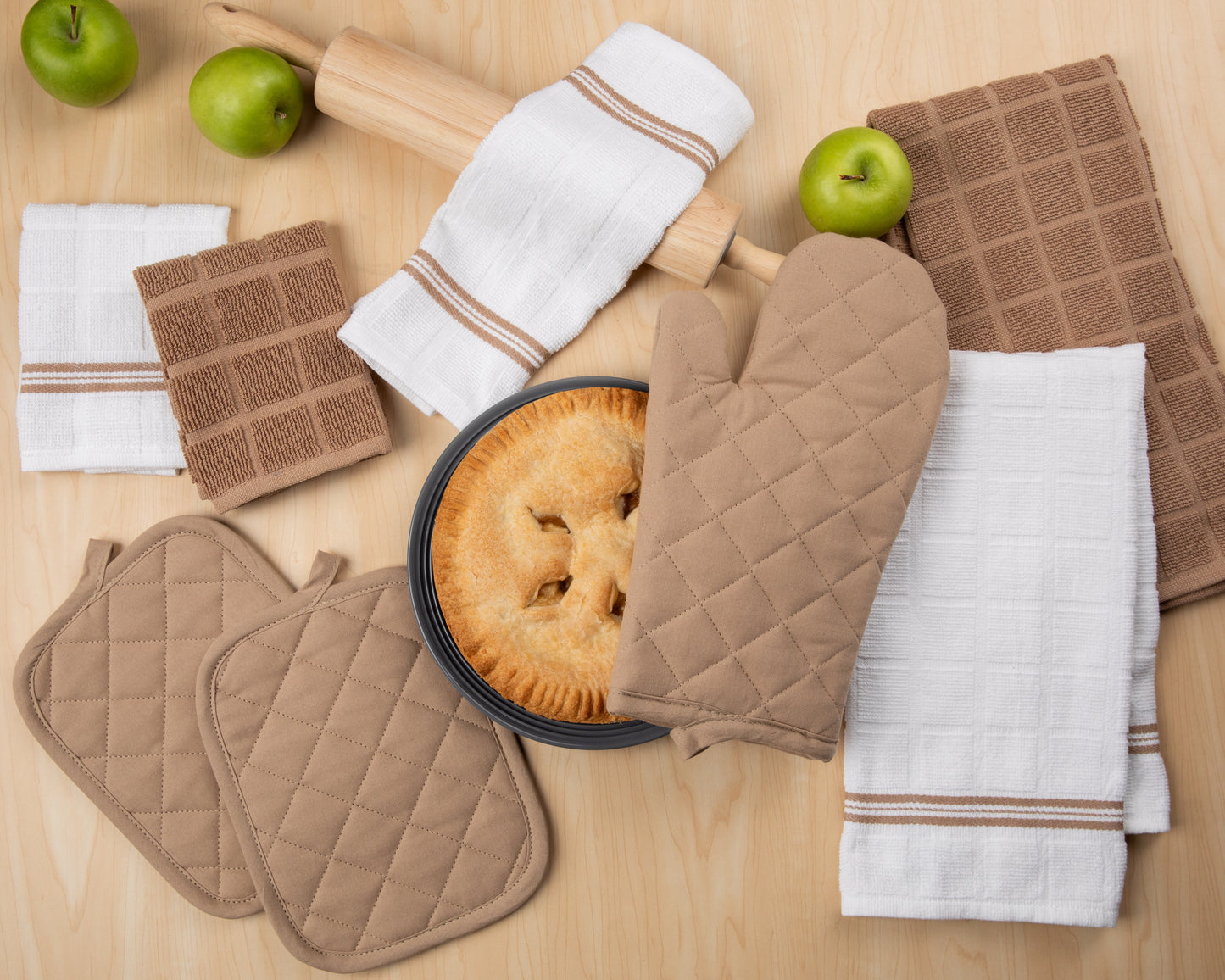 Kitchen Towel, Dishcloth, Oven Mitt, and Pot Holder 8 Pack Set, Brown, 100% Cotton