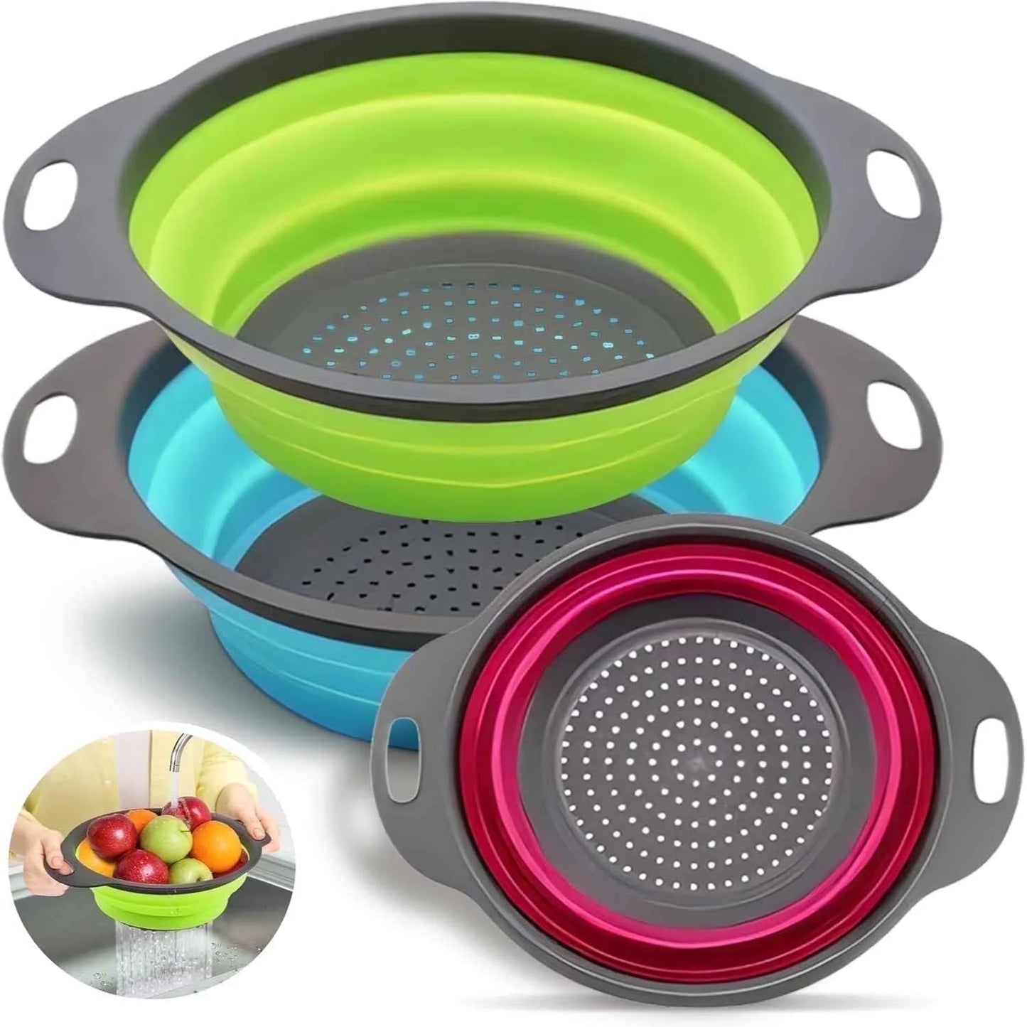 Collapsible Silicone Colander Set - 3-Piece Round Kitchen Strainer Set (2 x 4 Quart, 1 x 2 Quart) - Ideal for Draining Pasta, Vegetables, and Fruits (Green, Blue, Purple)