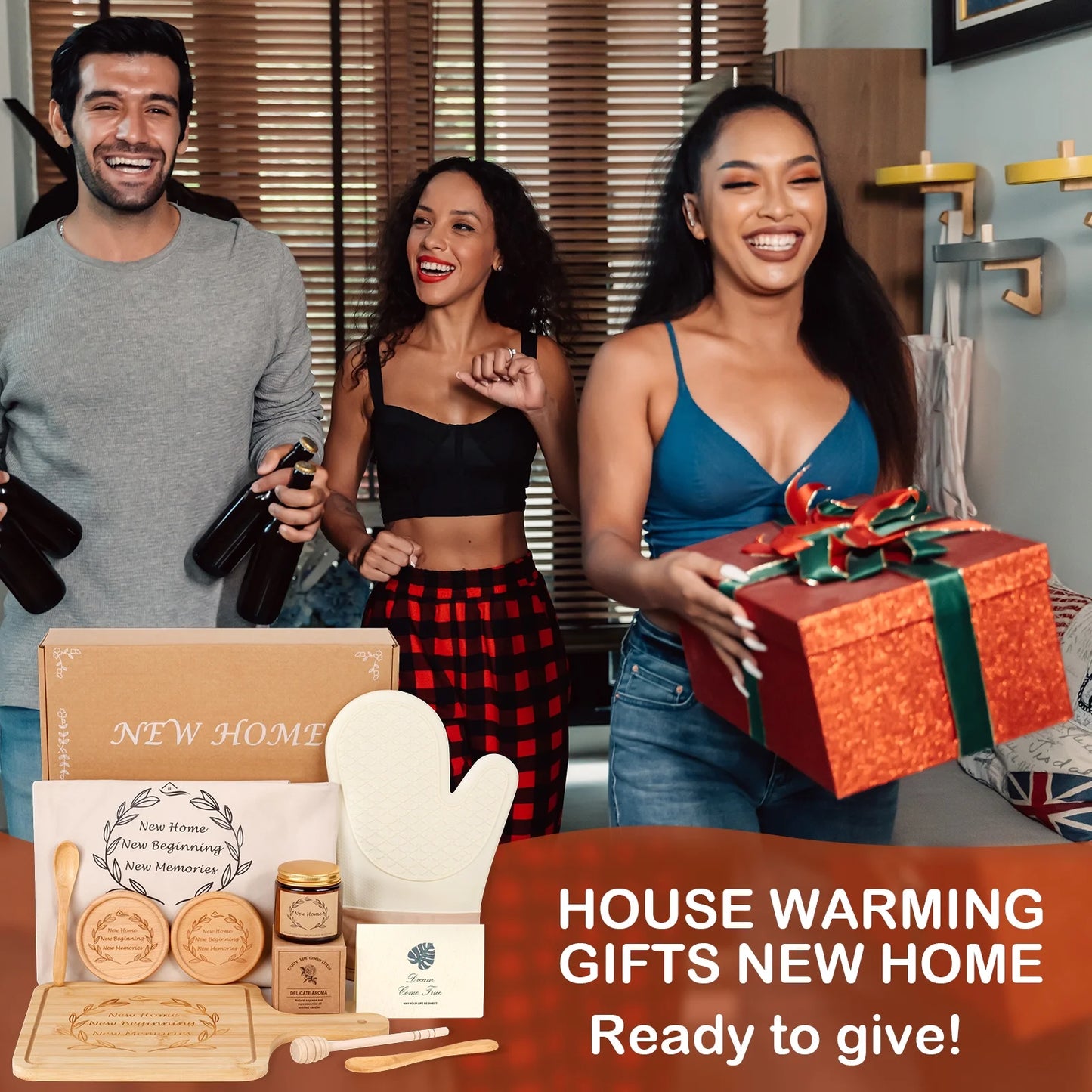 11 Pcs Housewarming Gifts Basket with Apron, Gloves, Serving Board, Beige