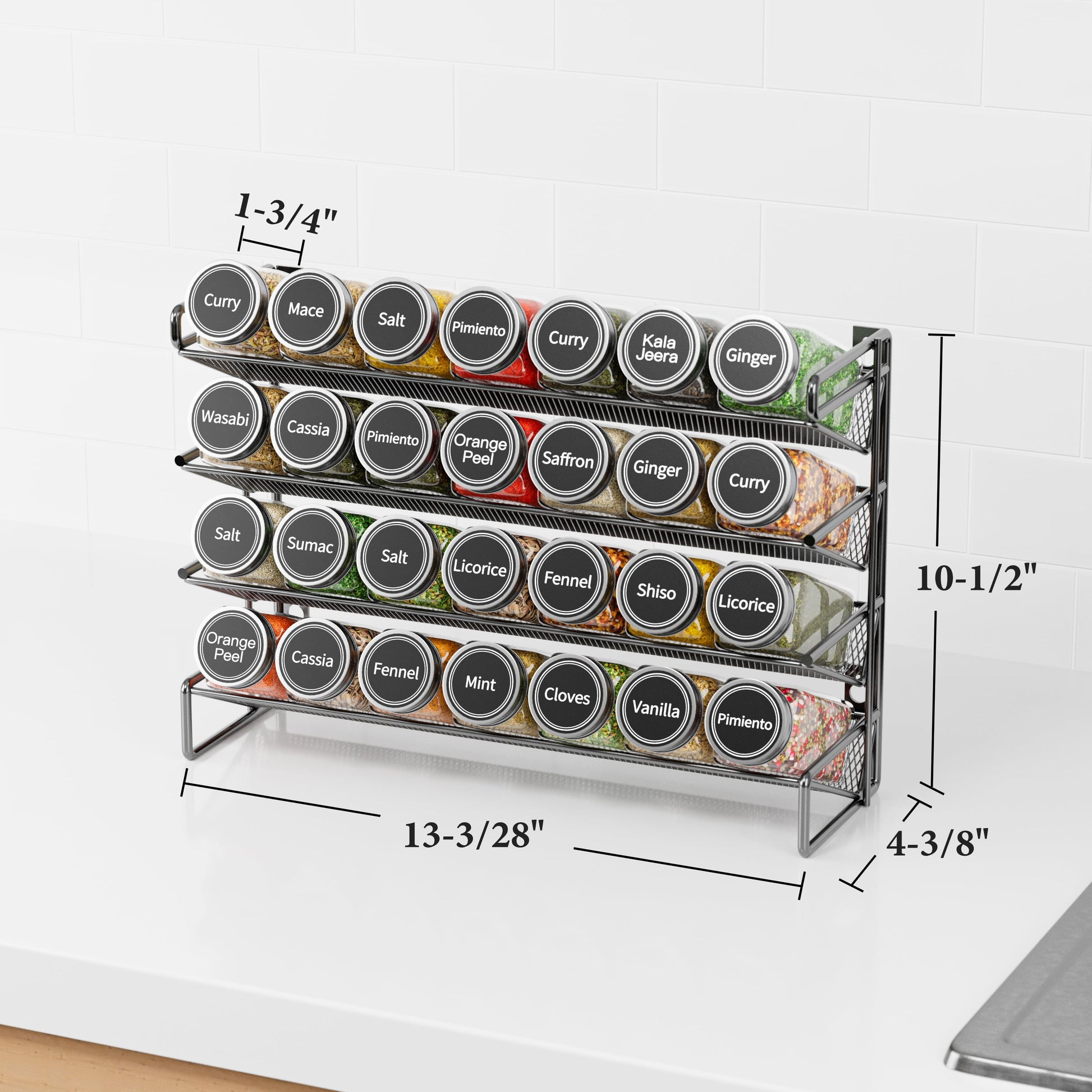 Spice Rack Organizer with 28 Jars, 4.33"D X 13.33"W X 10.5"H, Black