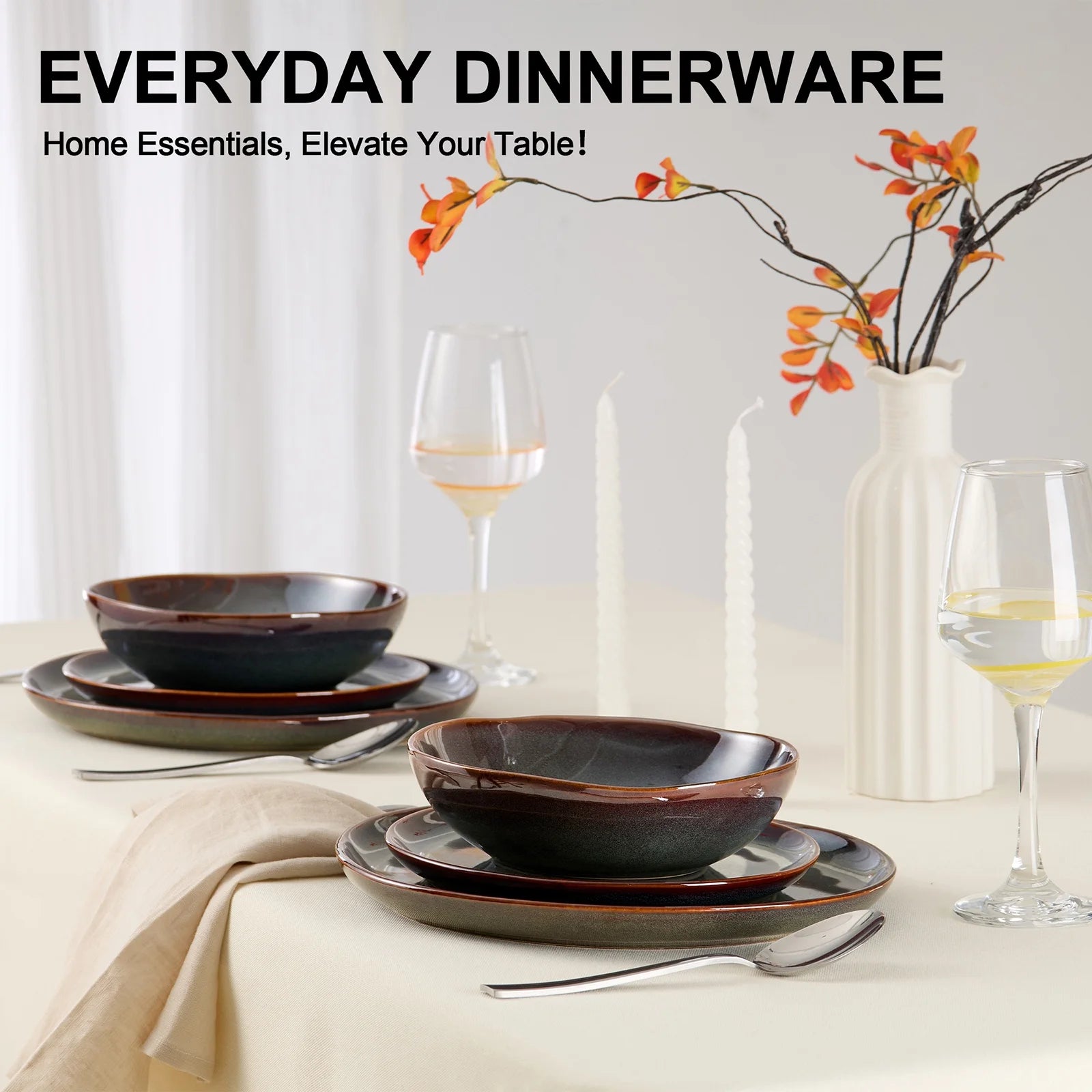 Dinnerware Set for 4, 12 Pieces Premium Stoneware Plates and Bowls Set, Handmade Reactive Glaze Dishes for Home, Chip & Scratch Resistant, Microwave and Dishwasher Safe - Forest Green