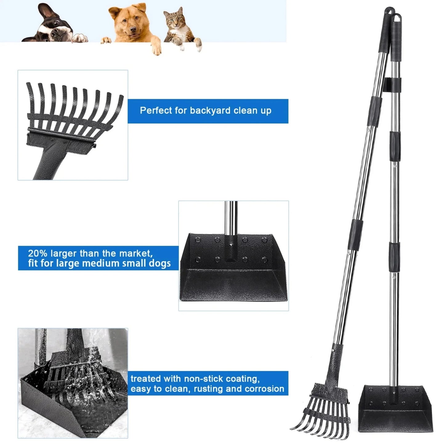 38-Inch Long Handle Poop Scooper -  2-Piece Metal Waste Collection Set with Rake and Tray for Effortless Yard Cleanup