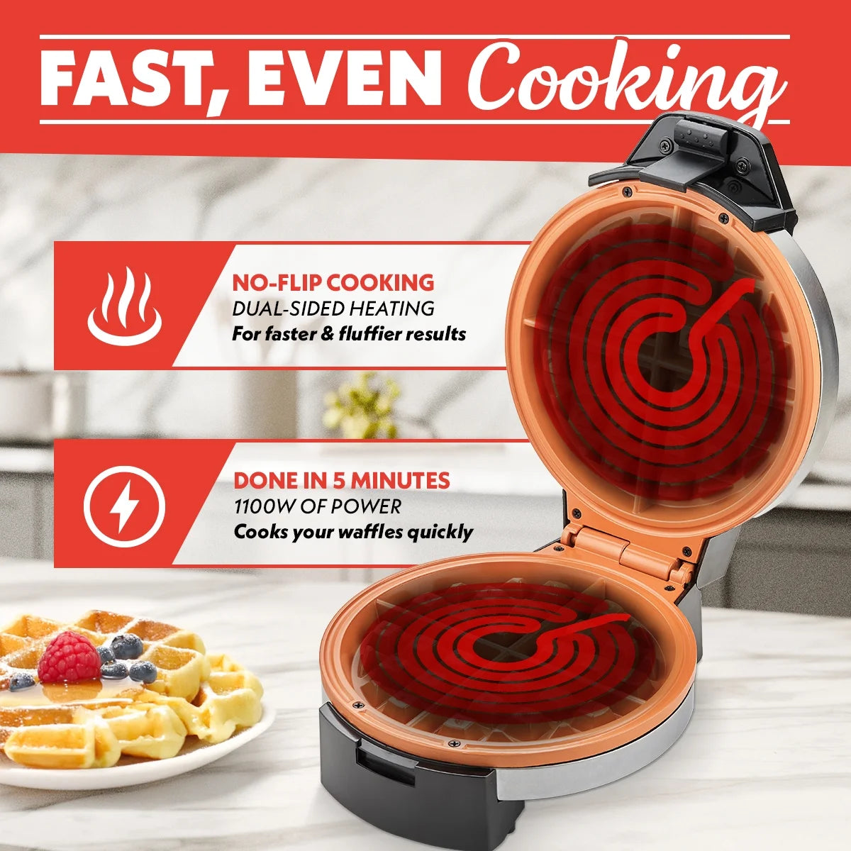 Belgian Waffle Maker Adjustable Browning, Nonstick Ceramic Plates, Stainless Steel