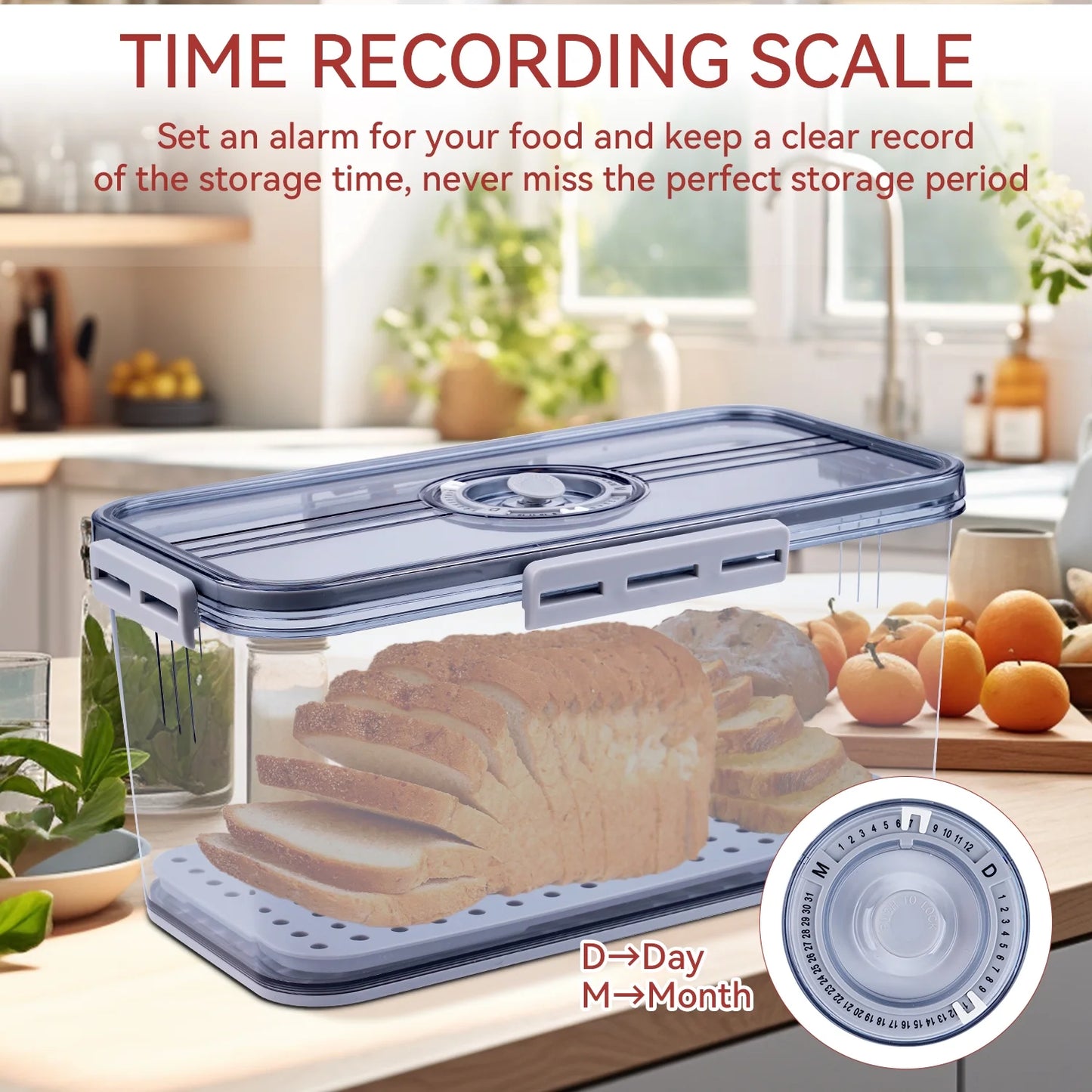 Airtight Bread Box with Lid ,Time Recording, Kitchen Countertop Storage Container,Store Bread, Toast, Donut and Fruits,Gray