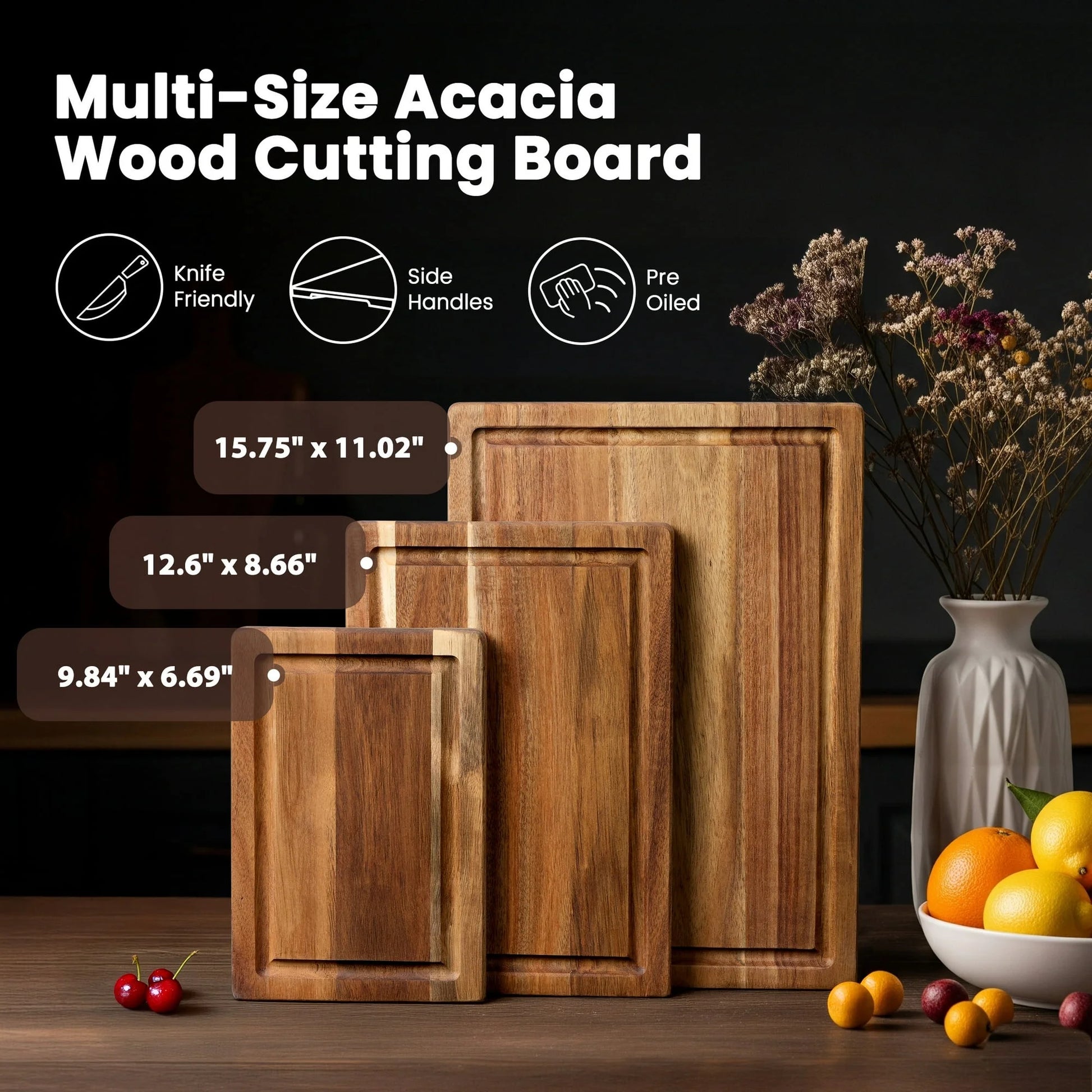 Acacia Wood Cutting Board, Cutting Board Set of 3 with Juice Groove, Wooden Chopping Boards for Kitchen, for Meat & Vegetables