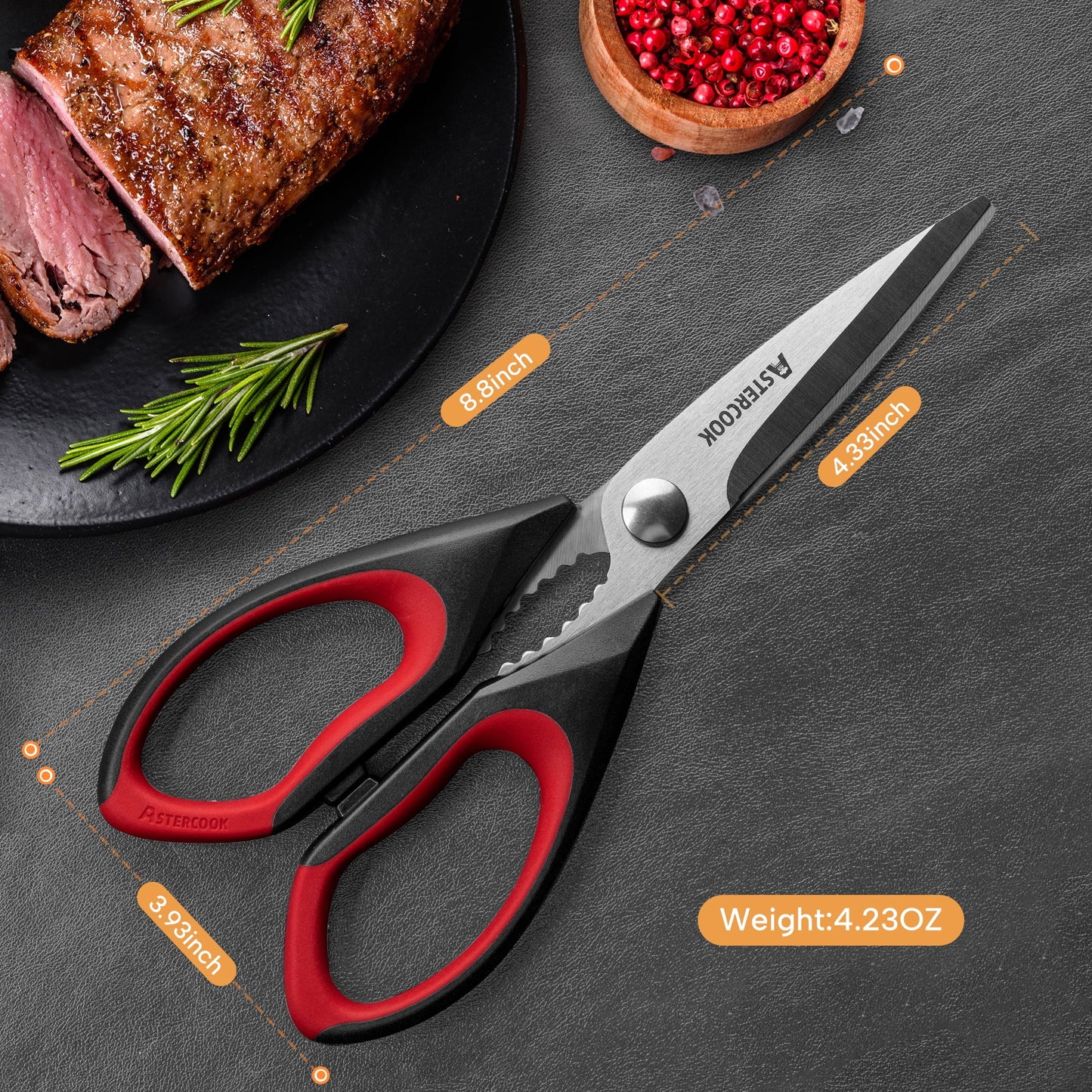 Heavy-Duty Kitchen Scissors Set, Ergonomic Food Shears with Serrated Blade for Poultry, Herbs, and Vegetables, Dishwasher Safe