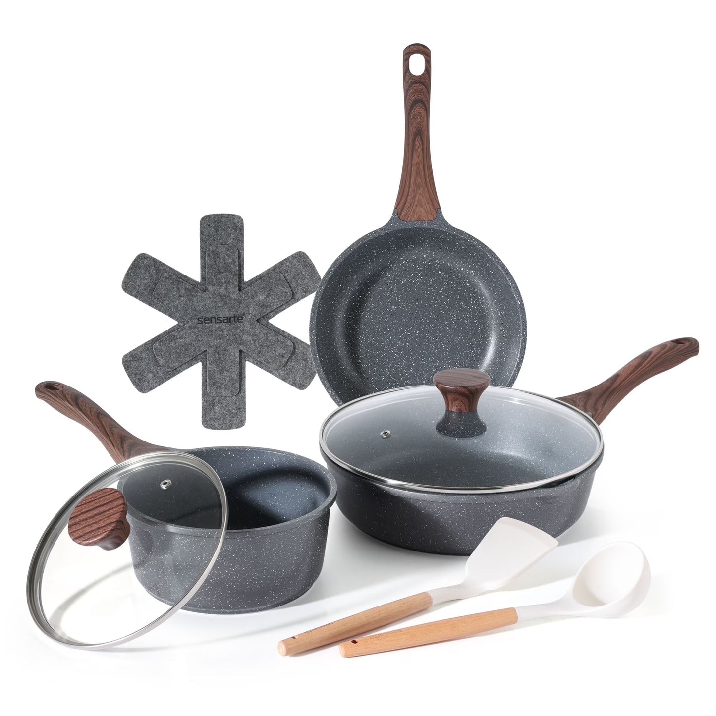 10-Piece Healthy Nonstick Cookware Set with Pot Protectors, Induction-Compatible Gray Cookware Set