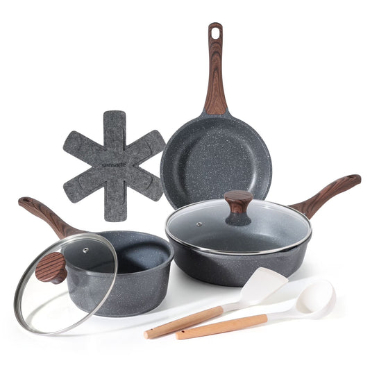 10-Piece Healthy Nonstick Cookware Set with Pot Protectors, Induction-Compatible Gray Cookware Set