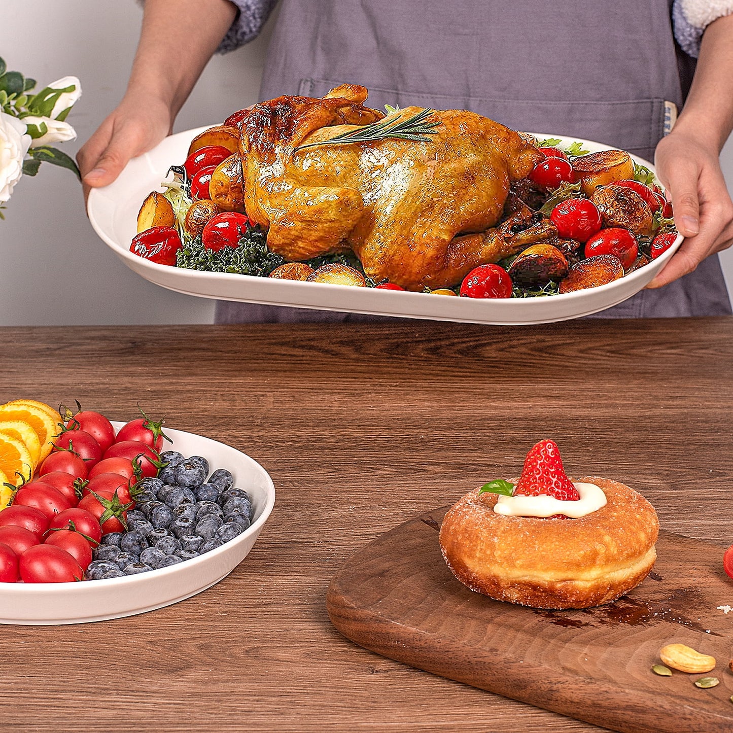 16" Large Serving Platter - Oval Large Serving Tray, Ceramic Turkey Platters, White Platters for Serving Food, Appetizers, Entertaining, Party, Set of 2