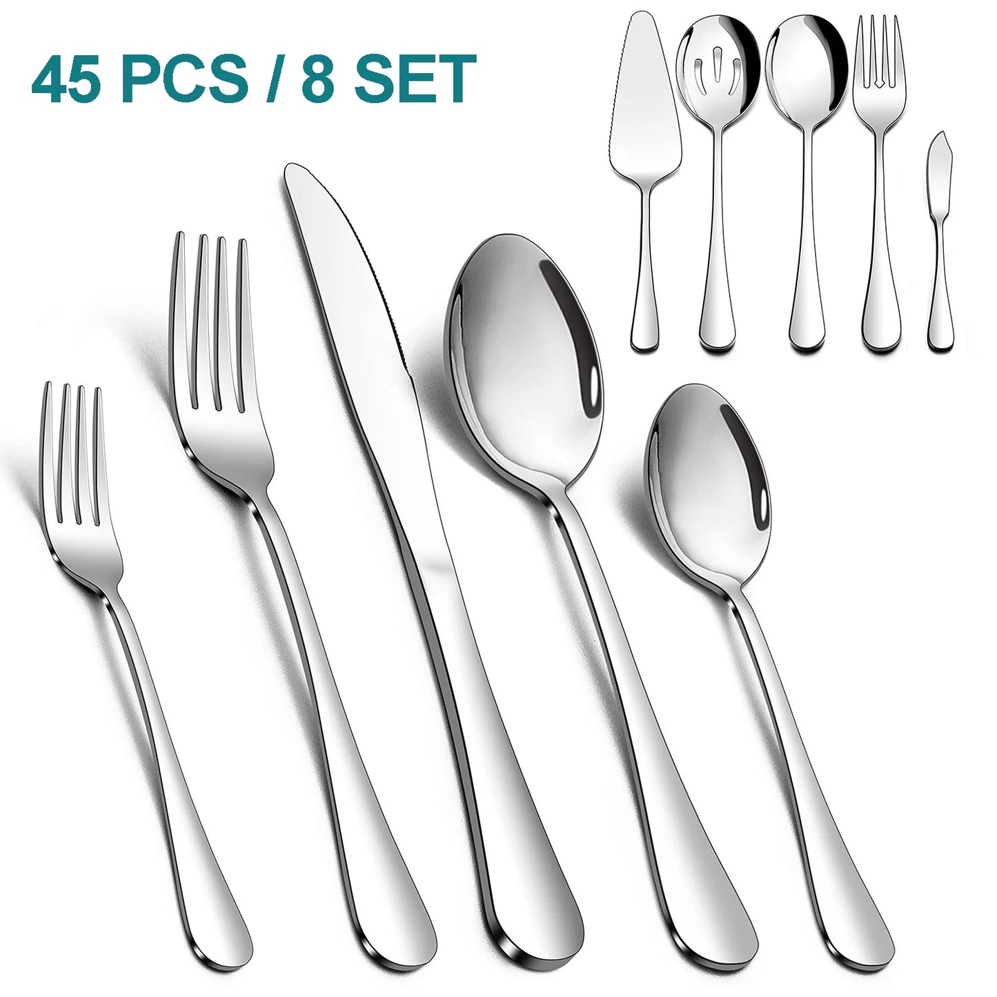 45 Pieces Silverware Set with Serving Utensils, Stainless Steel Modern Flatware Cutlery Set for 8, Eating Utensils Tableware Include Forks Knives Spoons, Mirror Polished & Dishwasher Safe