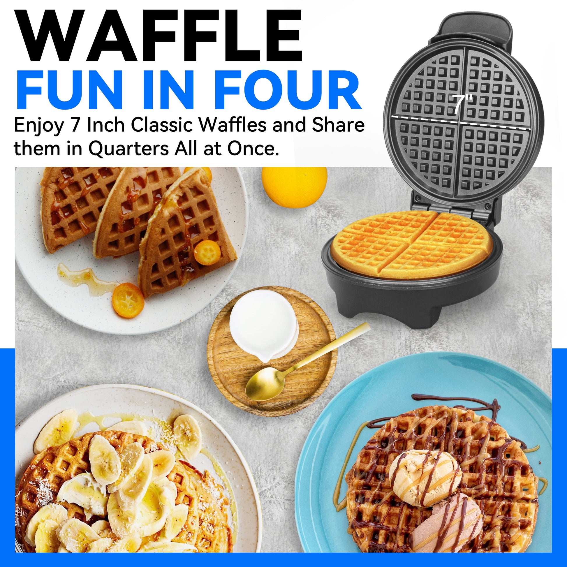 Classic Waffle Maker, 7 Inch round Waffles Iron, 1 Waffle in 4 Quarters, Non-Stick