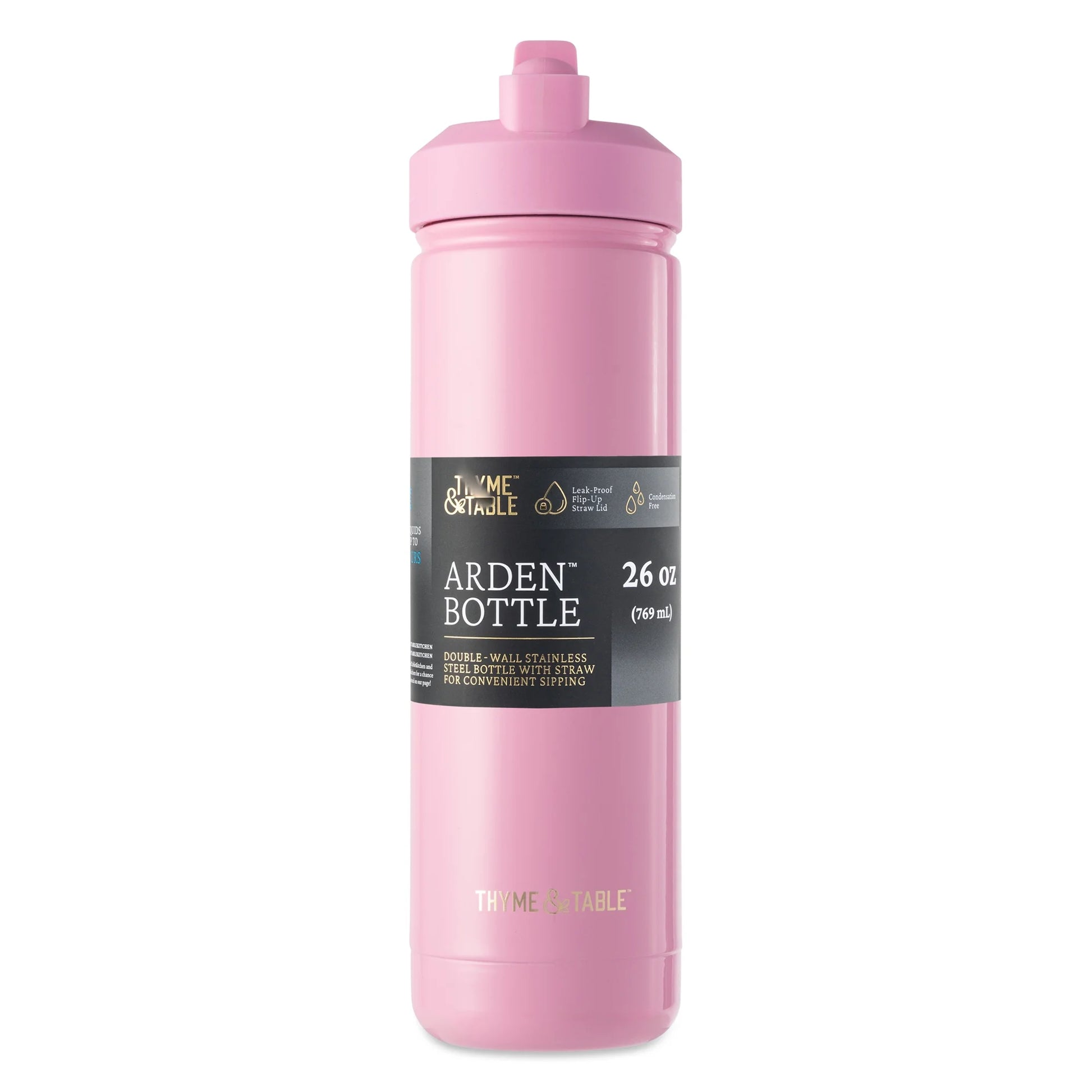 26 oz Water Bottle with Straw Lid, Pink with Gold Heart Charm